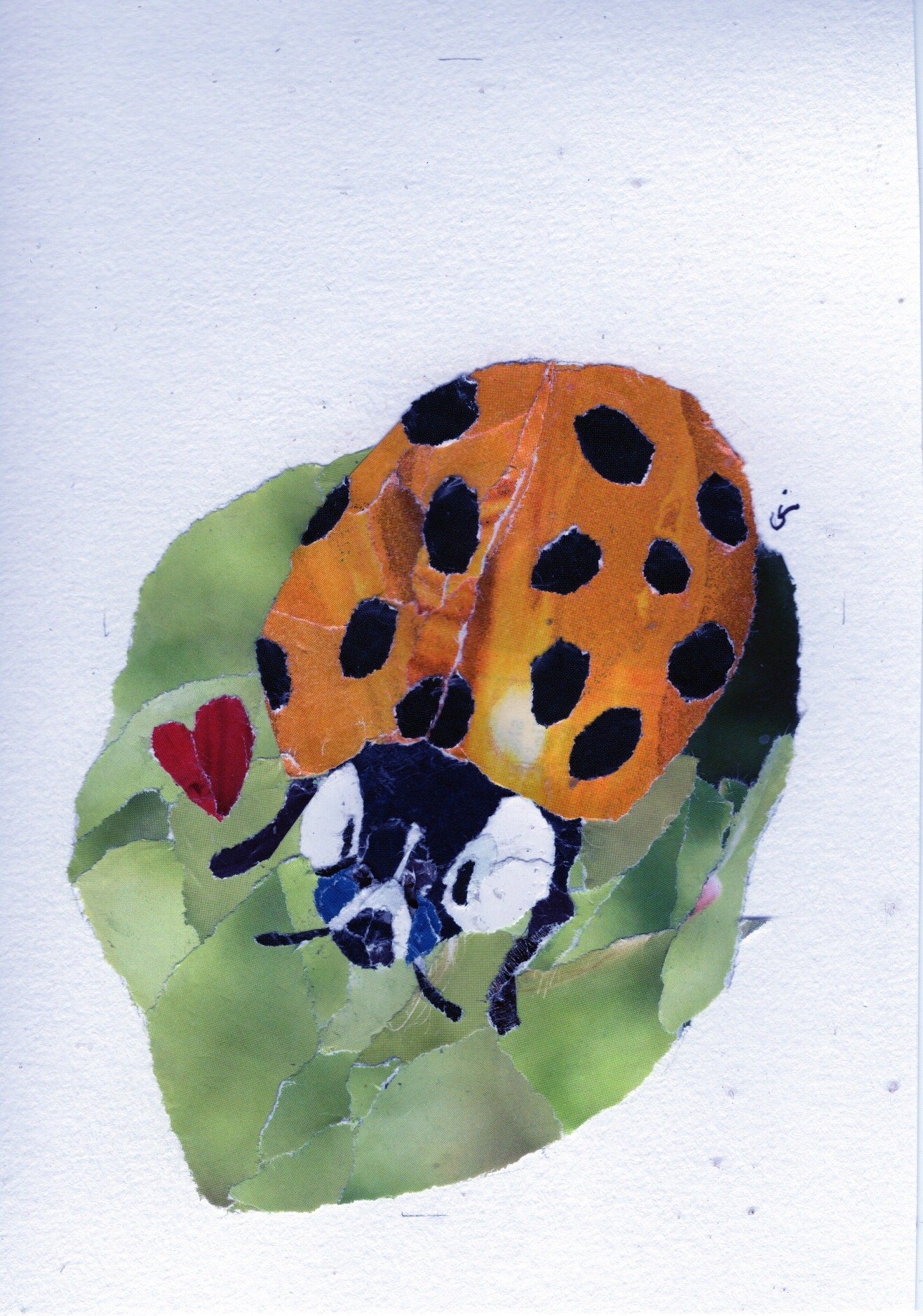 Yellow Ladybug / Lady Bird on a Green Leaf with a Small Red Heart