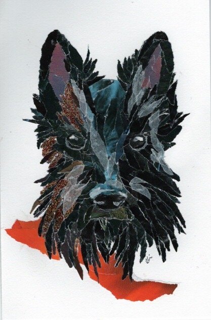 Black Scottish Terrier Bust Over a Red Swoosh