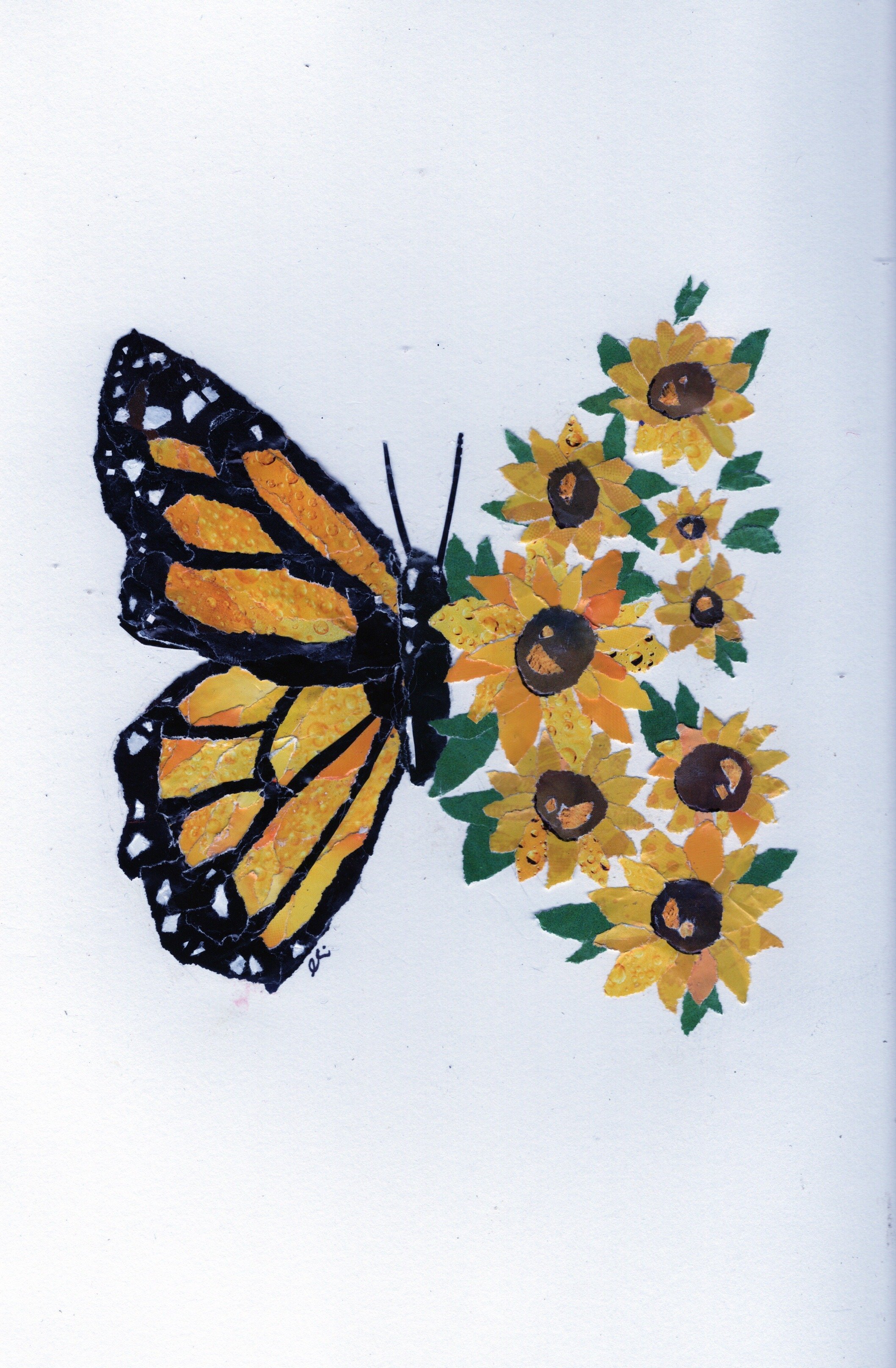 Yellow/Orange Monarch Butterfly on the Left Transitioning Into a Series of Eight Yellow Sunflowers in the Shape of a Wing on the Right Hand Side