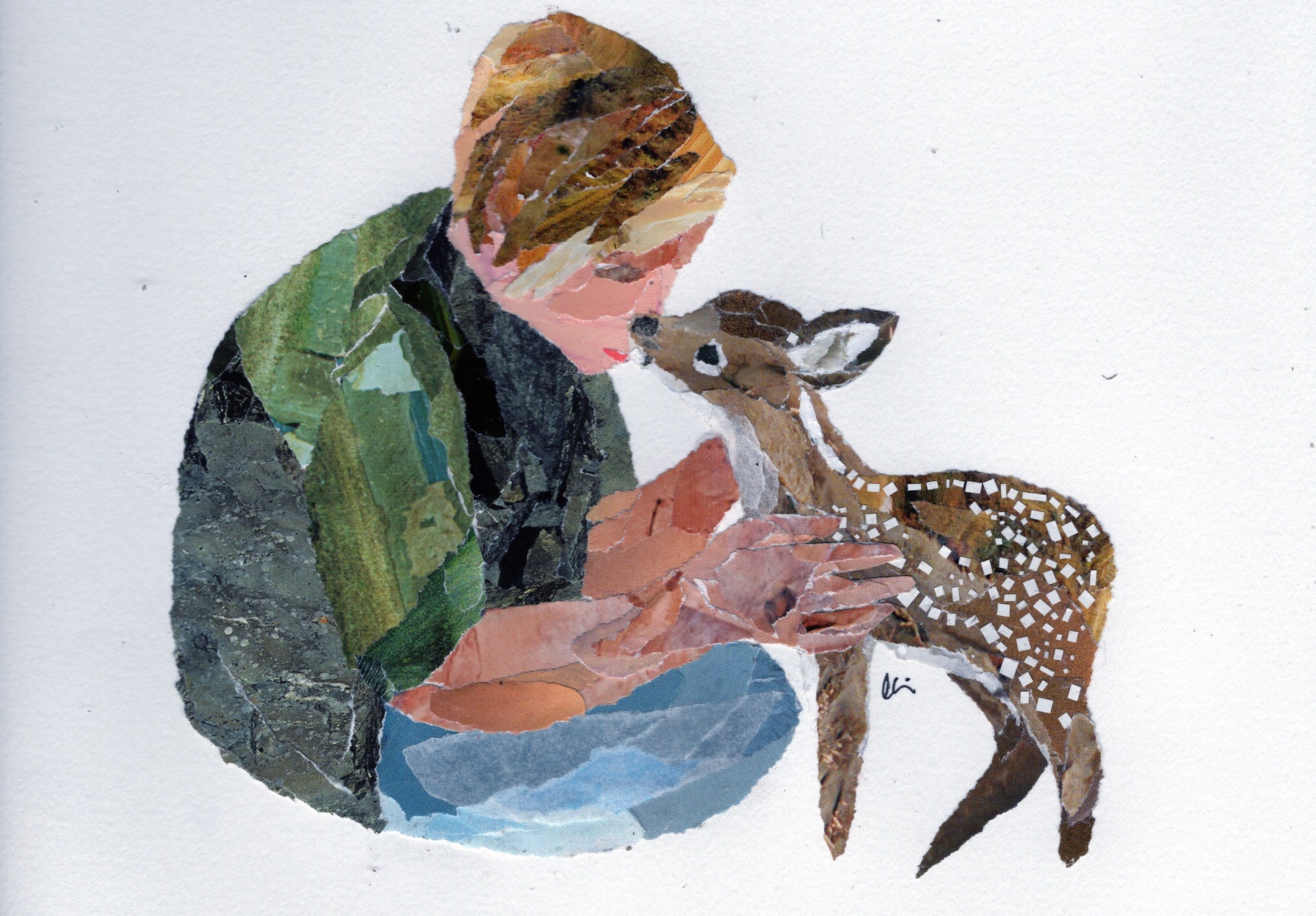 Woman in a Green Shirt Holding a Fawn