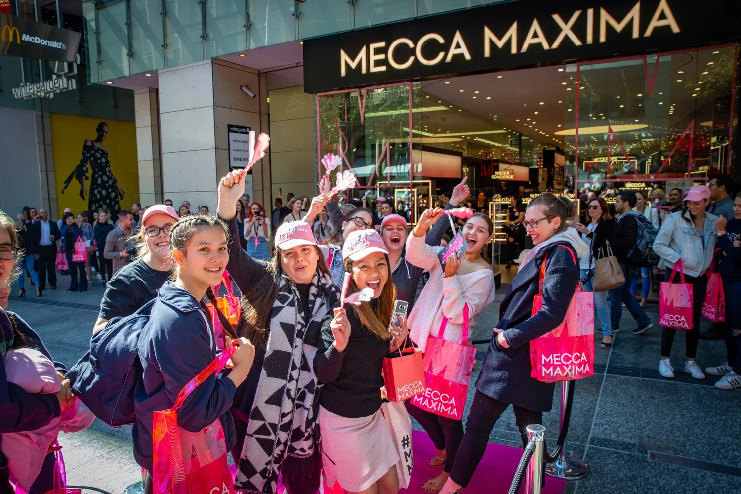 Excited crowd attending a MECCA Maxima Brand & Store launch event in Brisbane City Queen St Mall