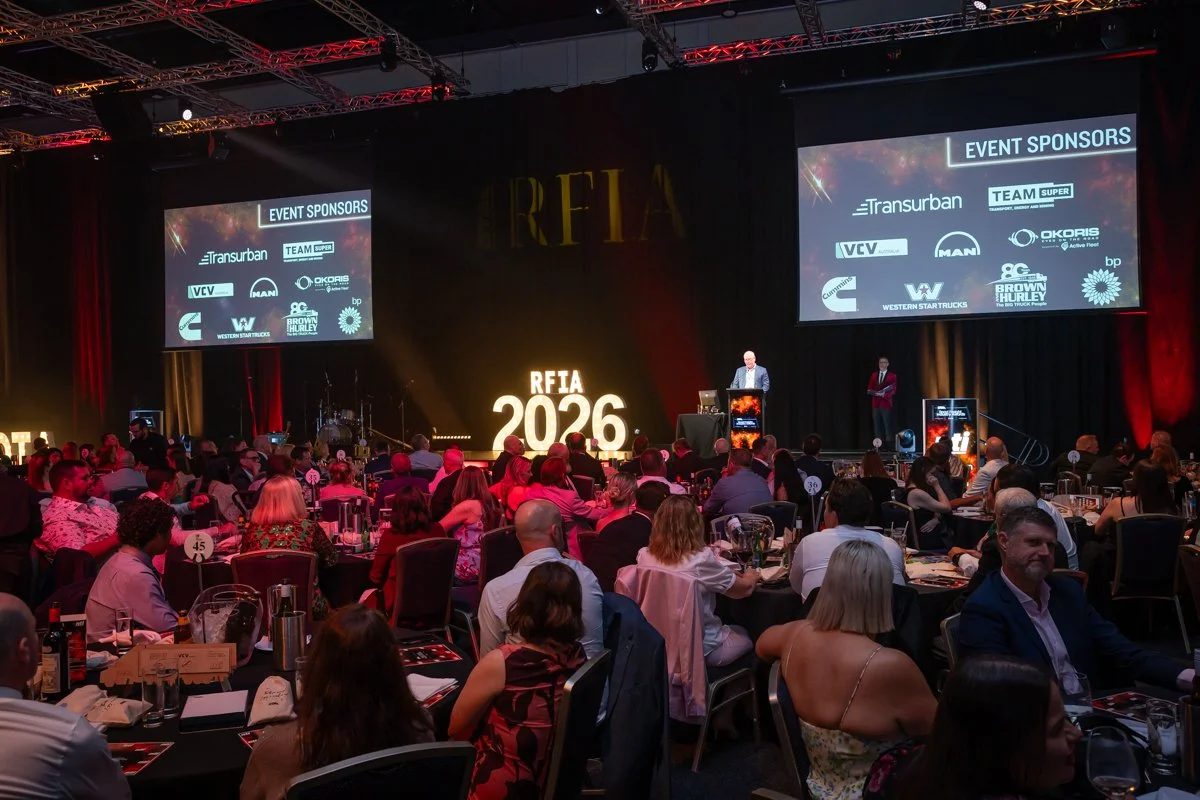 Room shot of the 2026 QTA Road Freight Industry Awards gala dinner at the Royal International Convention Centre, Brisbane.