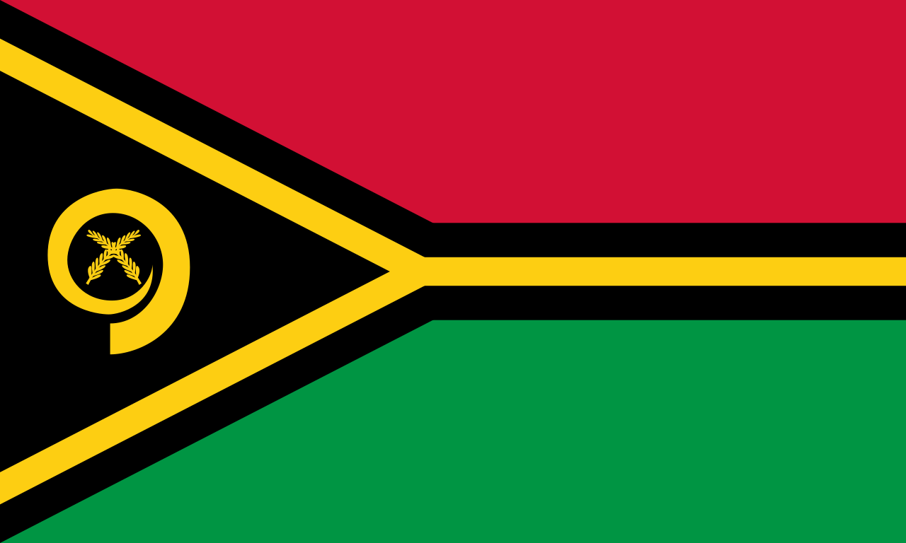 The national flag of Vanuatu with horizontal stripes of green, black, and red, separated by thin yellow lines, and a yellow star with a book, rifle, and hoe on the left side.