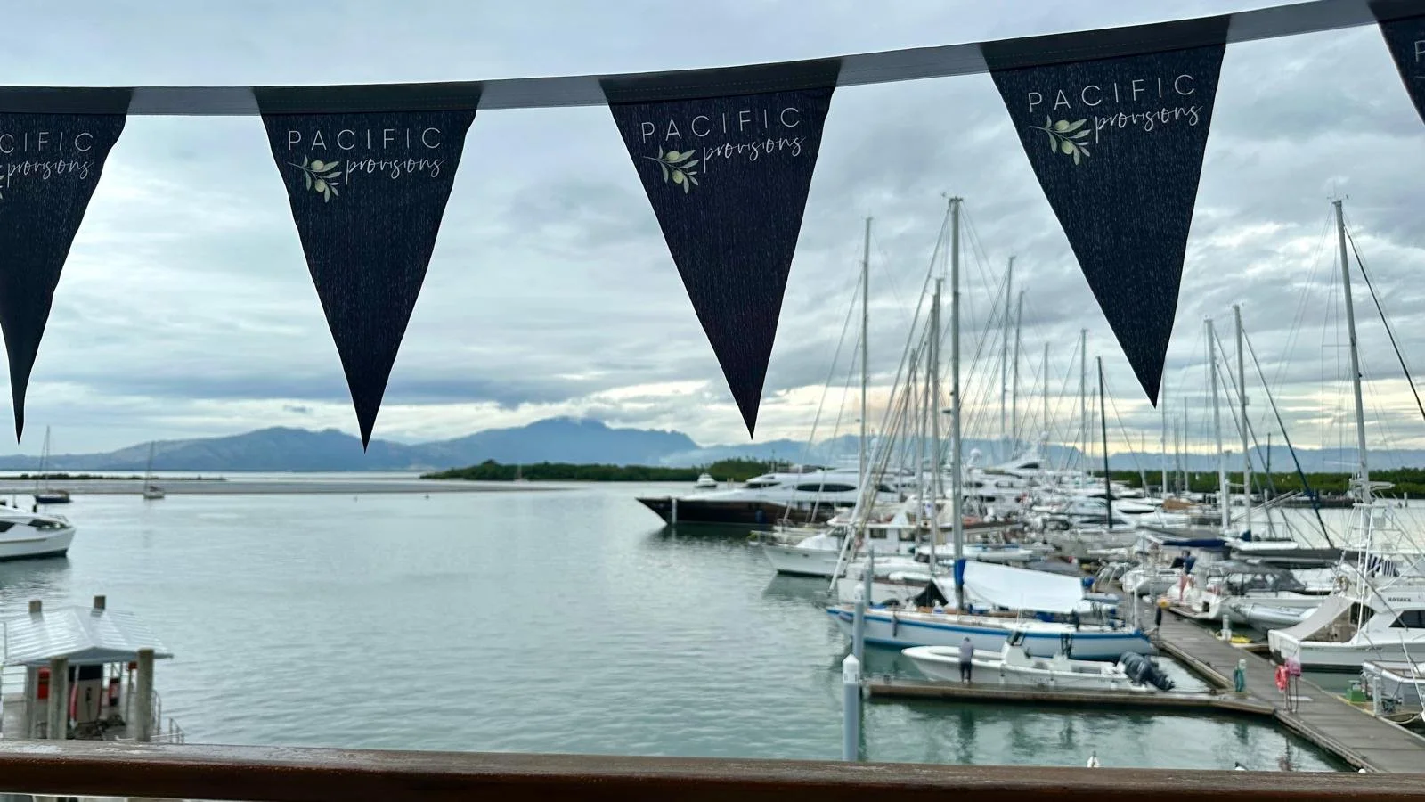 Marina with boats docked, dock structure, overcast sky, mountains in the distance, Pacific Provisions banner hanging overhead.