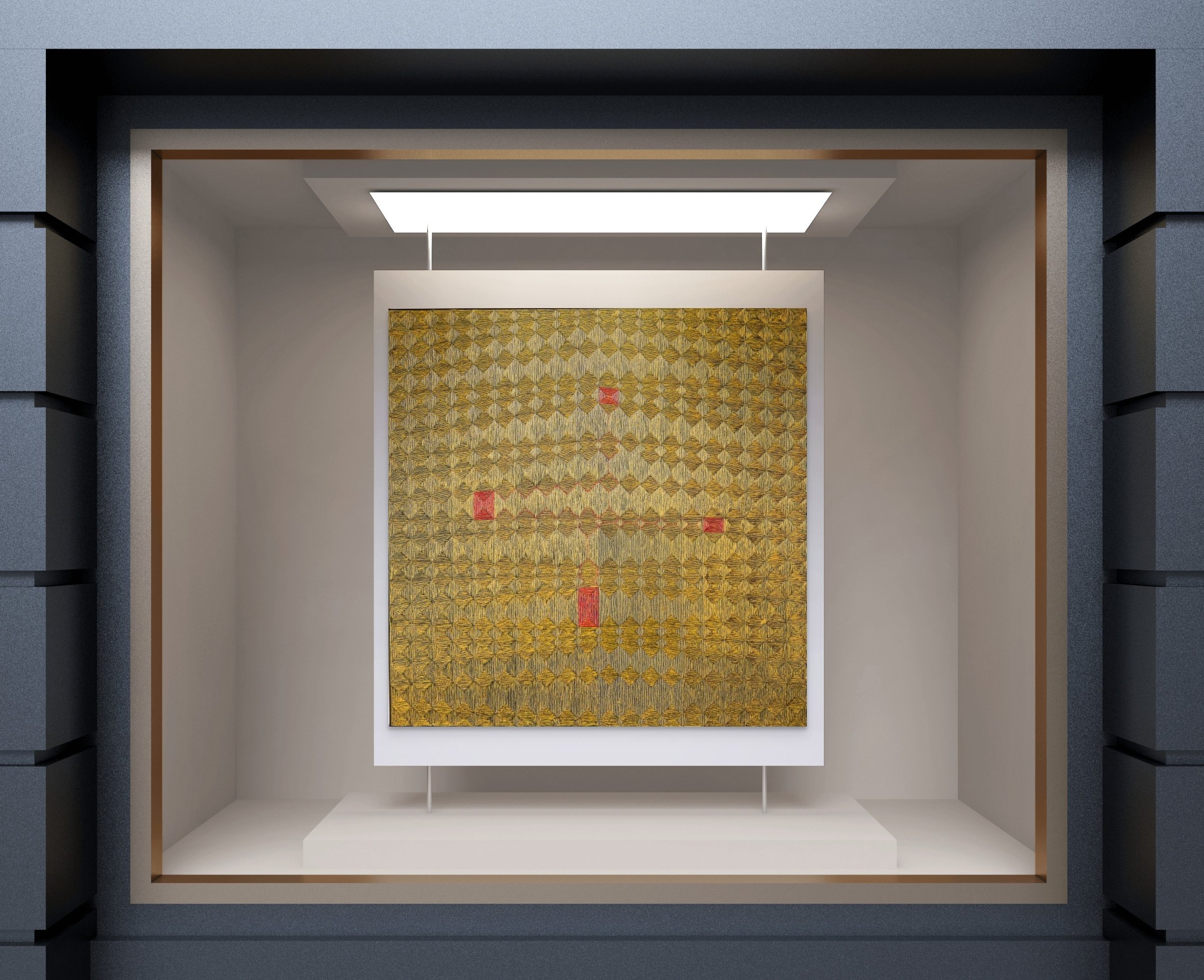 A framed abstract painting with a gold textured pattern and red accents, displayed inside a modern gallery with gray walls and a white ceiling.