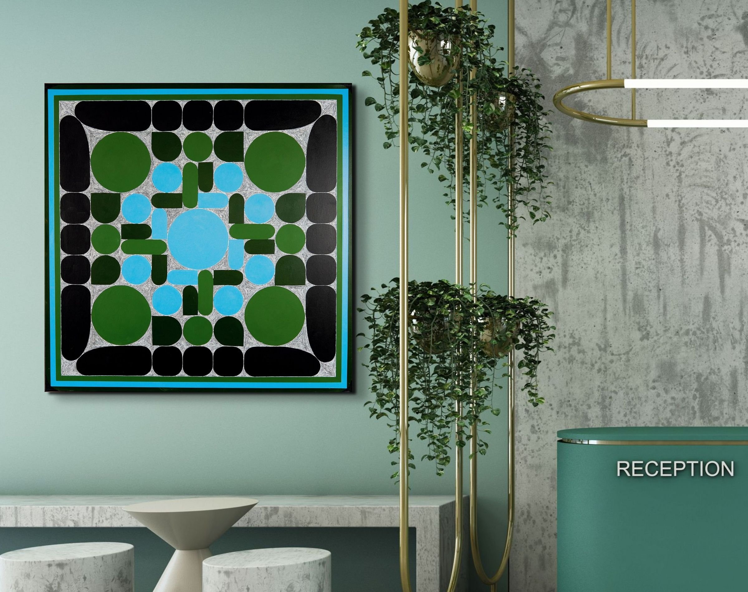 Modern reception area with abstract geometric artwork, green plants, a turquoise reception desk labeled "RECEPTION," and minimalist furniture.