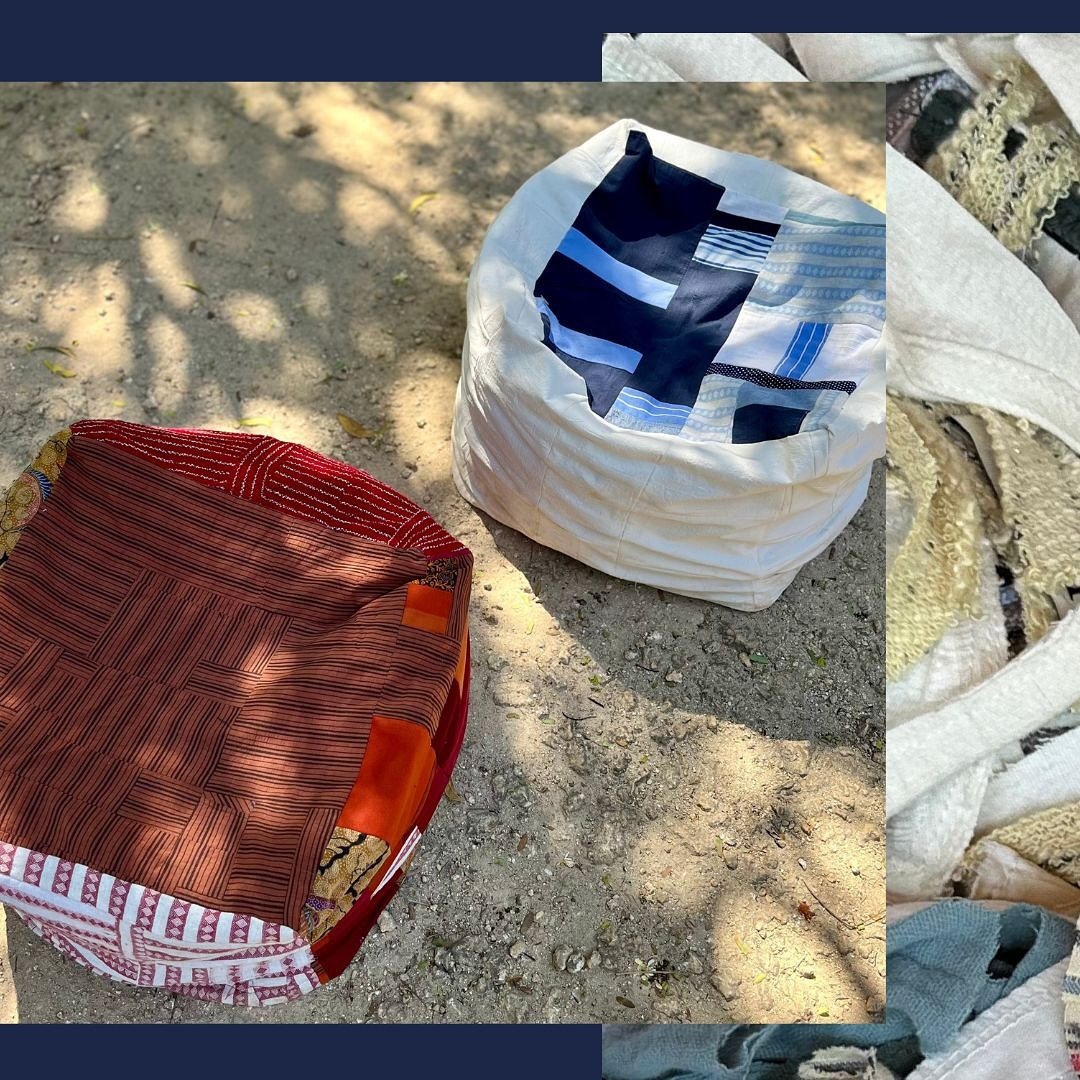 🌀 And the circle is round! We just made two 100% zero waste poufs.

✂️ We used fabrics from old pool cushions for the structure and made patchwork covers from cut-off pieces from other projects. The filling? All the fabric scraps that are too small 