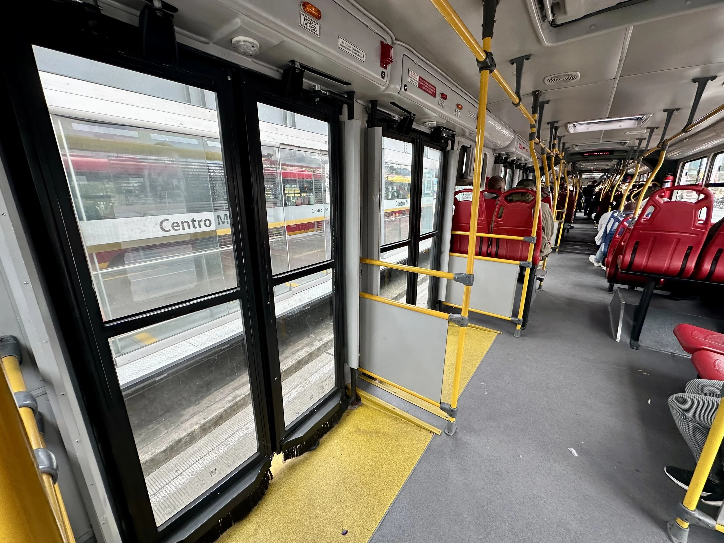 two sets of doors in the bus, one for in and one for out. Very smart