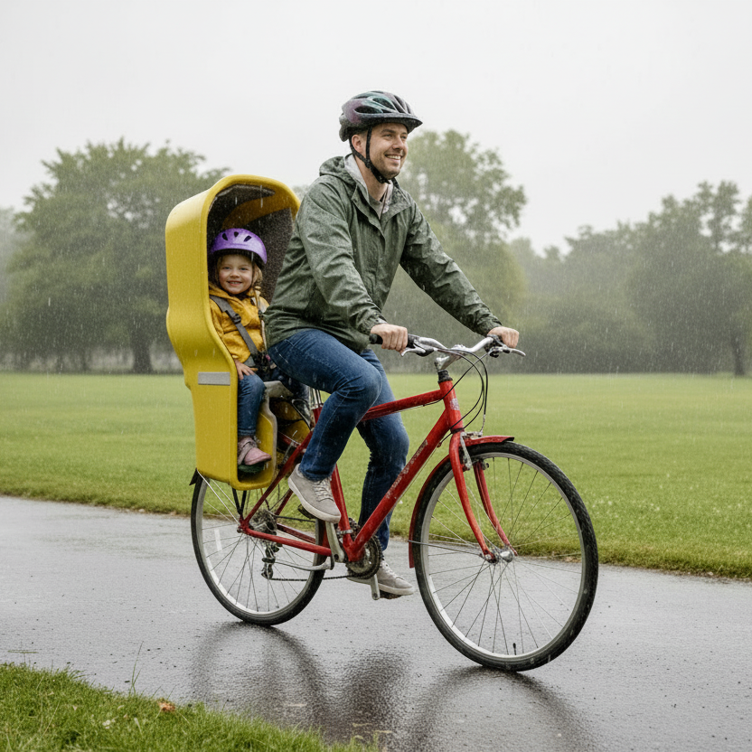 Conker Safety Seat Dad in Rain Sheltering Child from Weather