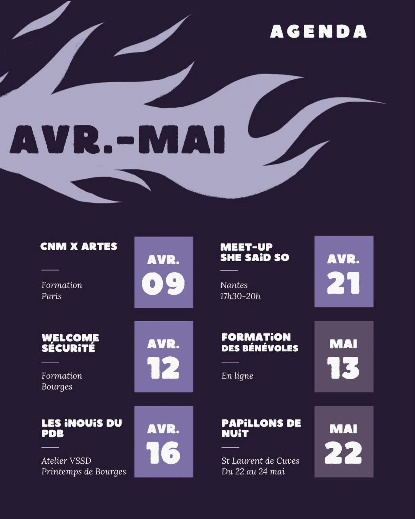 ✹ L&rsquo;agenda d&rsquo;Avril-Mai est rempli pour les Catherinettes ! ✹

✽ On commence le 09 et 12 avril avec une formation au @le_cnm pour Artes et une formation aupr&egrave;s de Welcome S&eacute;curit&eacute; &agrave; Bourges 

✽ On encha&icirc;ne