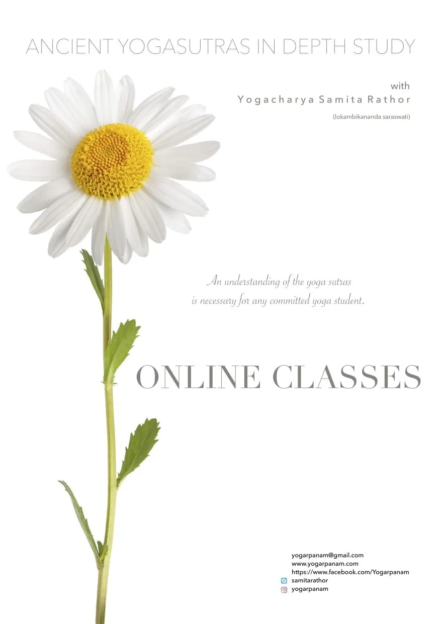 Promotional poster for ancient Yogasutras online classes featuring a daisy flower and contact information for Yogacharya Samita Rathor.