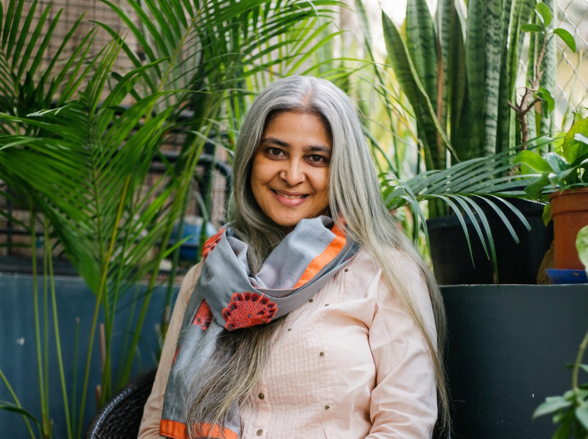 A smiling woman with long gray hair sitting among green plants in a lush indoor garden or greenhouse.