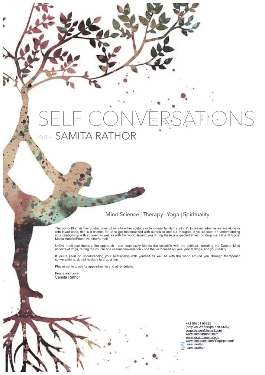 Promotional flyer for "Self Conversations with Samita Rathor" featuring a yoga pose combined with tree imagery, advertising mind science, therapy, yoga, and spirituality services. Includes text on personal well-being during the COVID-19 crisis and of