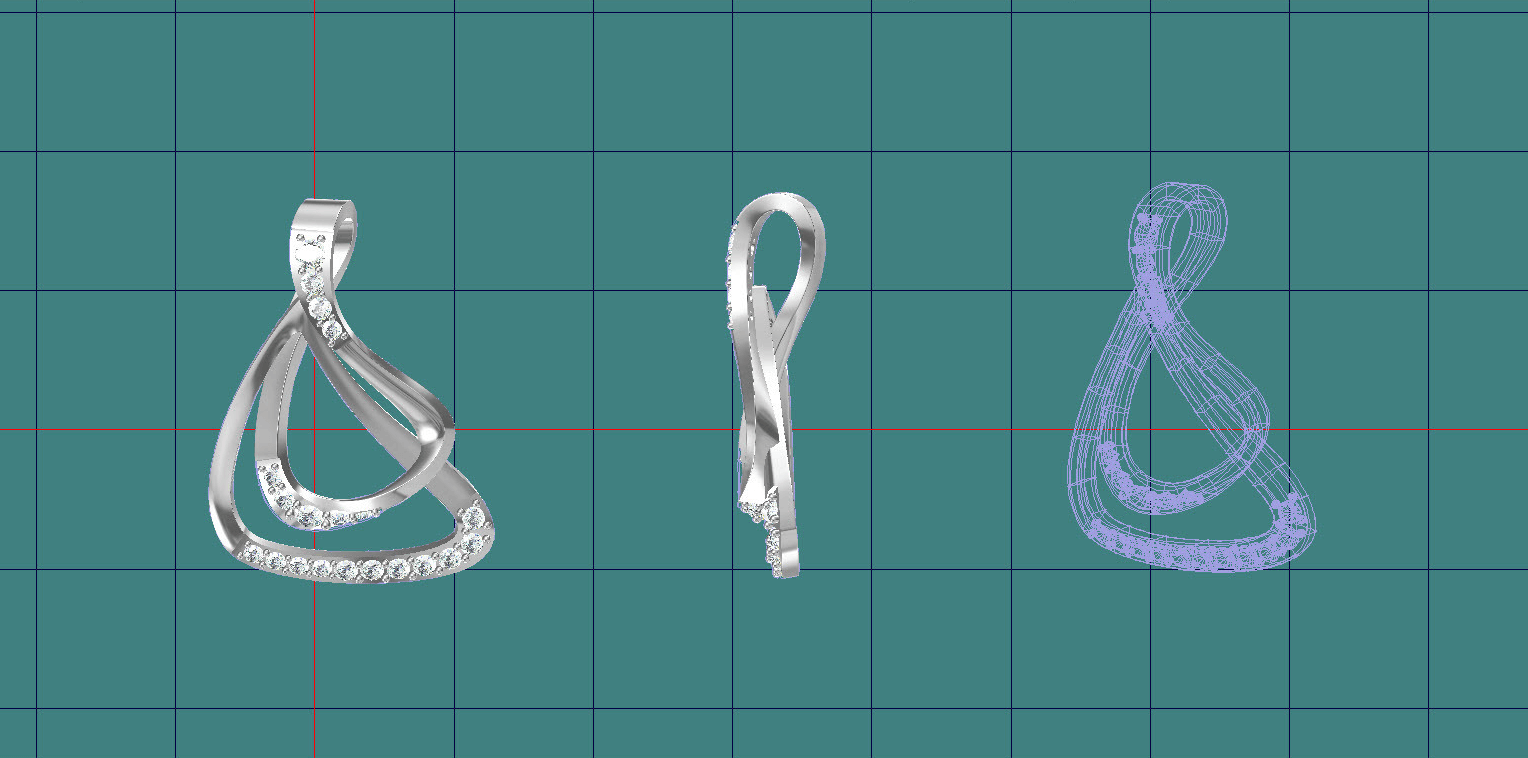 3D computer model of a silver teardrop-shaped earring with embedded small diamonds, shown from front, side, and wired outline.
