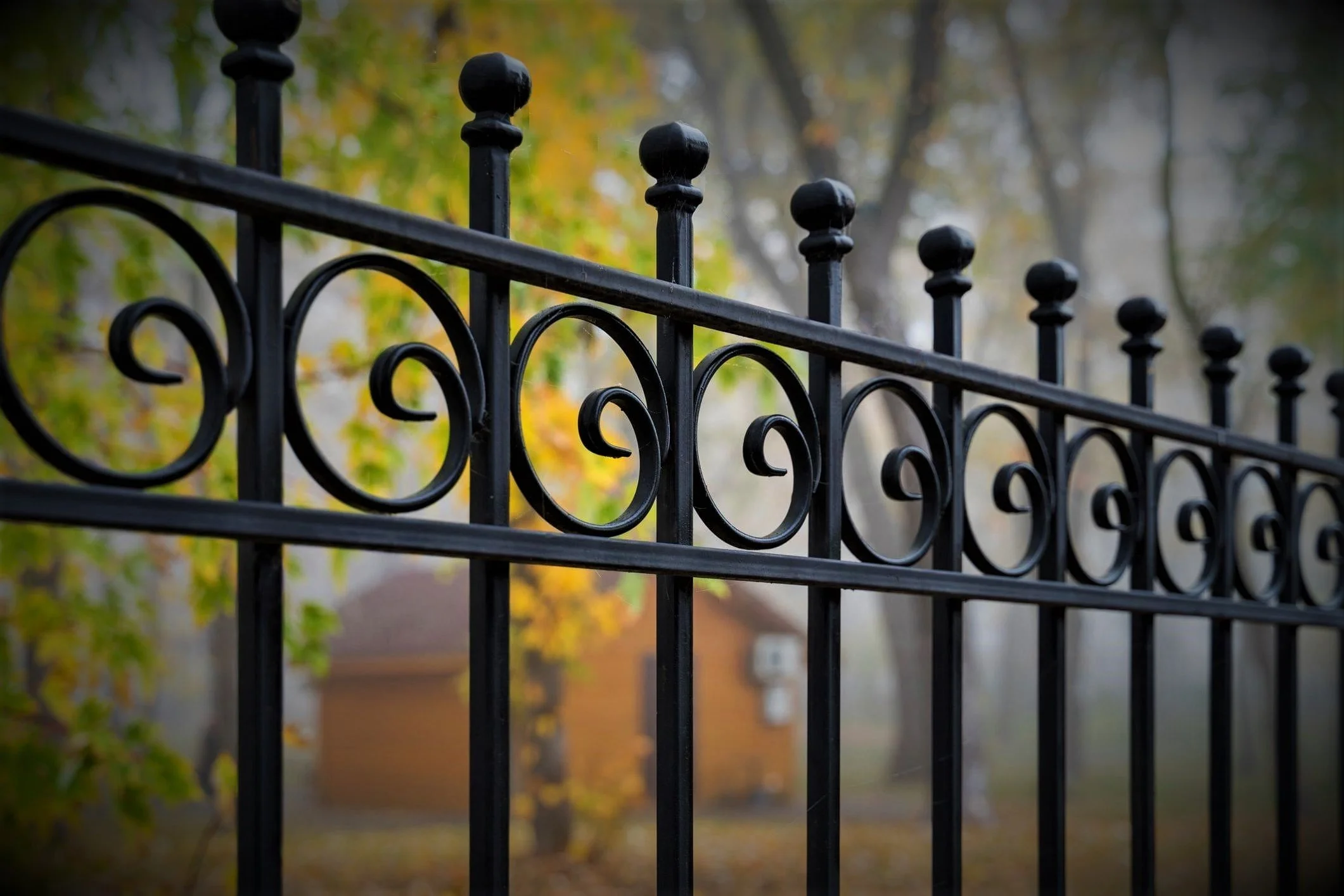 Close-up of a black decorative metal fence with round finials, outdoors with trees and autumn leaves in the background.