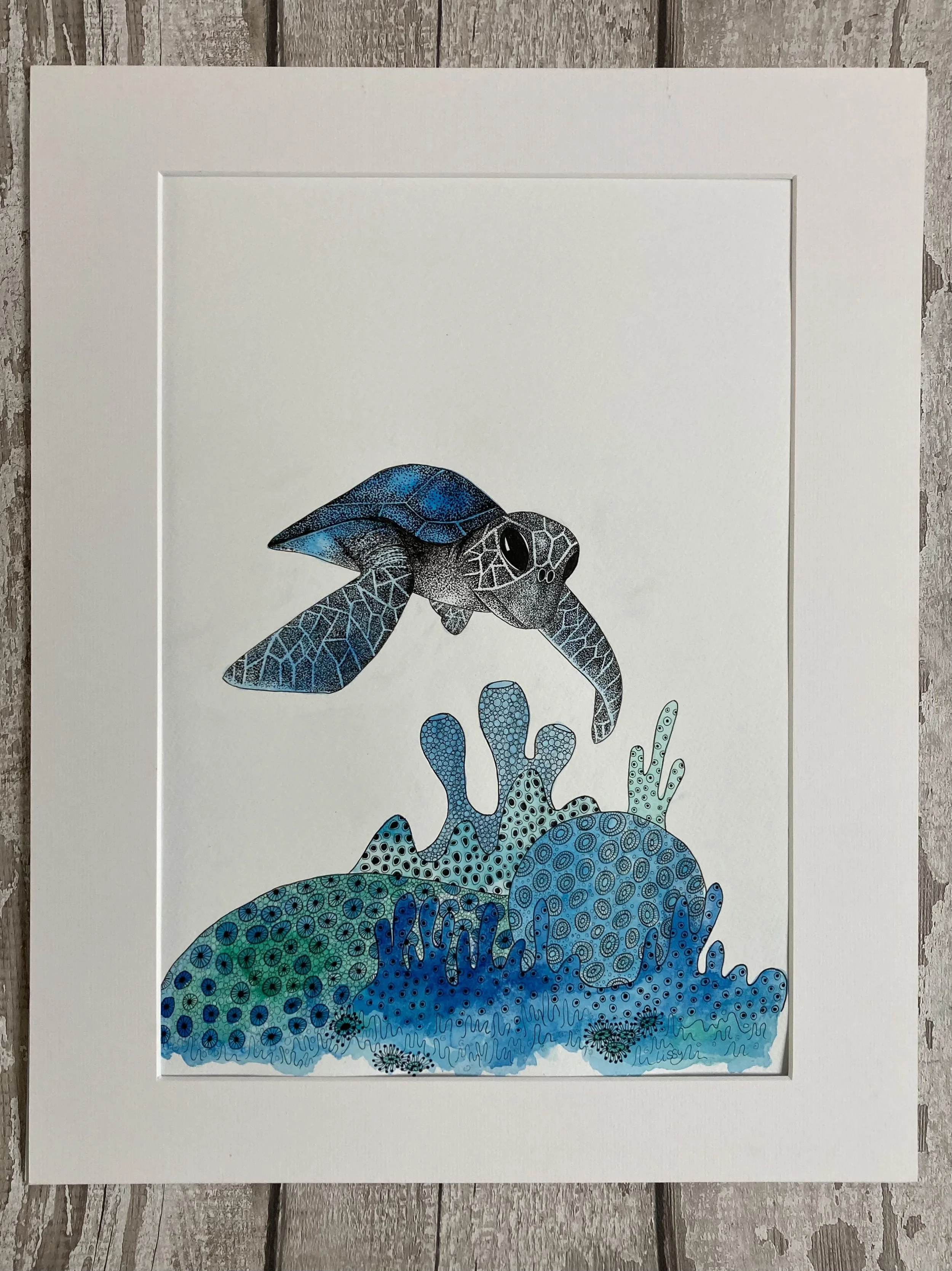 Pen and ink Turtle and Coral by Lissy Marsh
