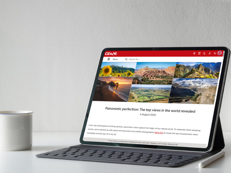 Tablet displaying a website about scenic travel destinations, with a header showing the logo 'Cewe' and various images of landscapes including mountains, coasts, and fields, under a white and red interface.