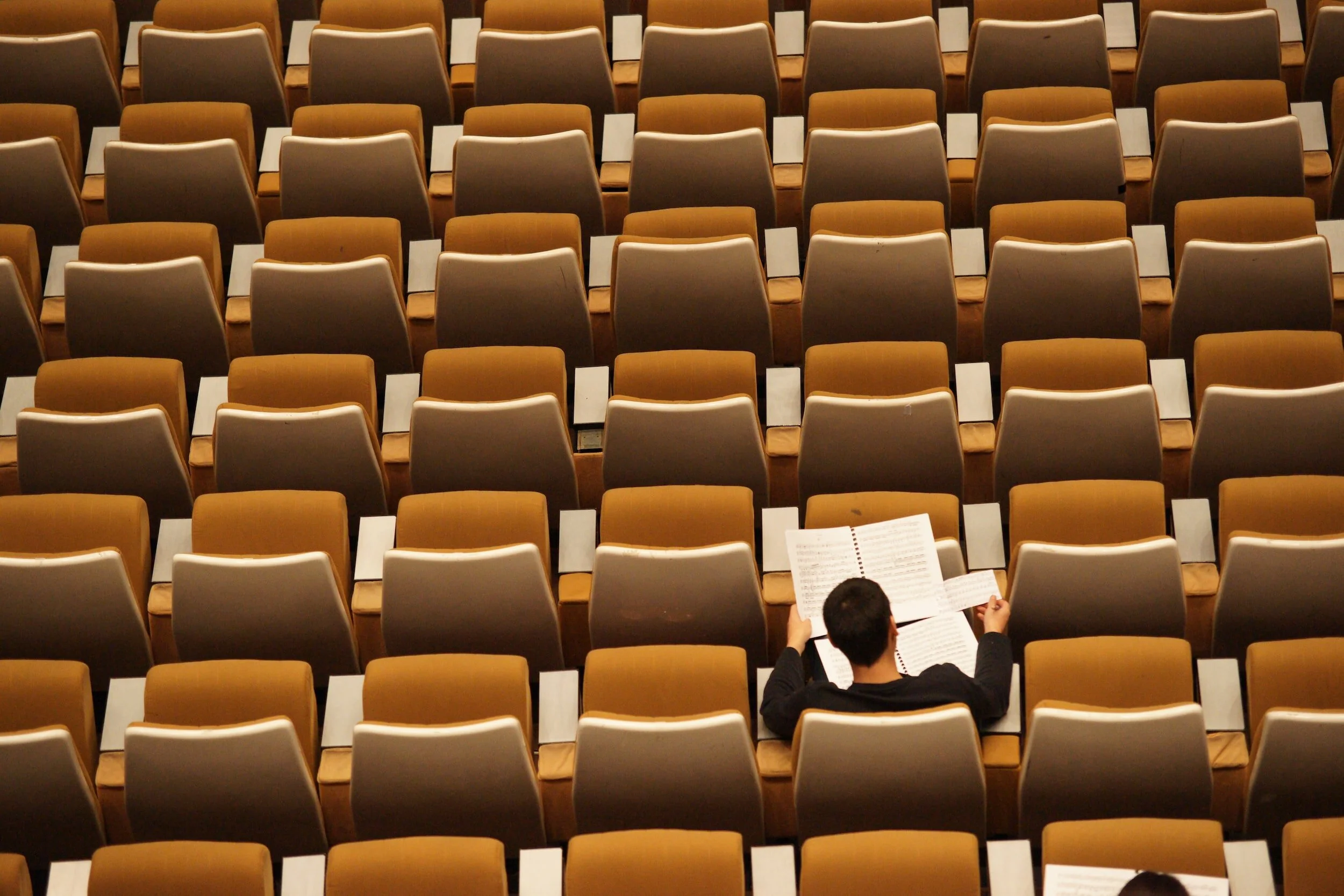 Person sitting alone in an auditorium reading sheet music, surrounded by empty seats.
