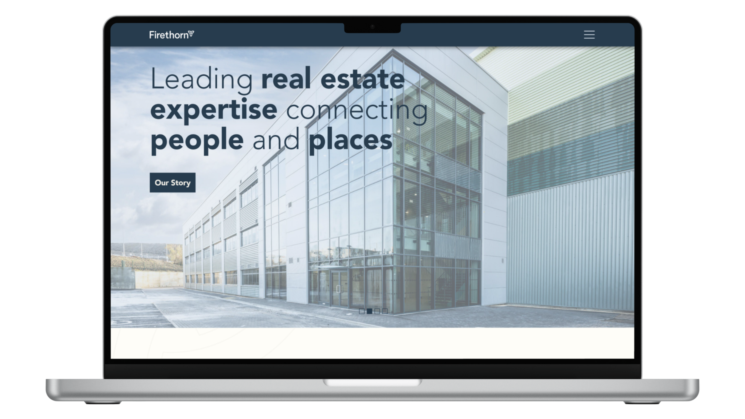 Laptop screen displaying the homepage of Firethorn website, which shows the text "Leading real estate expertise connecting people and places"