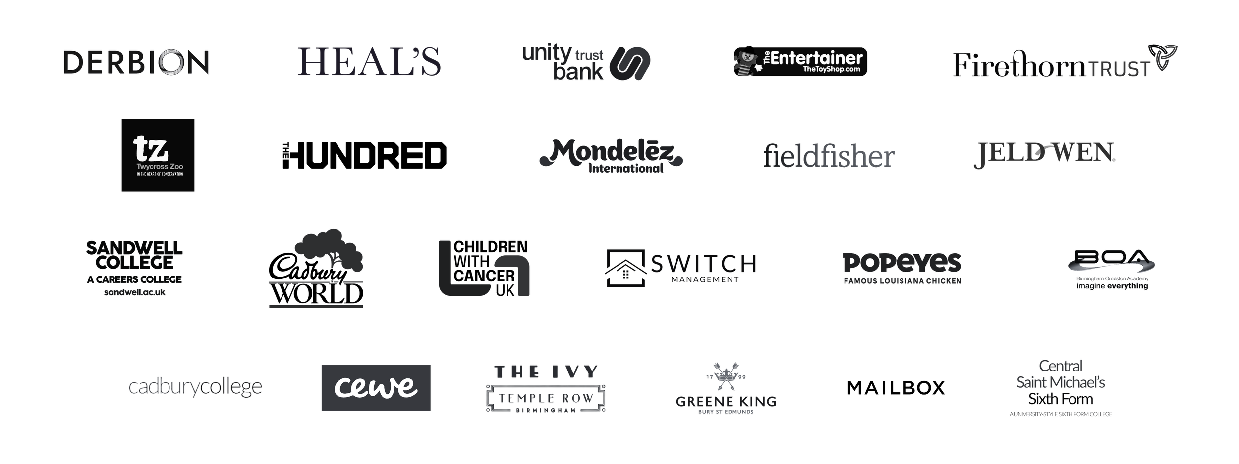 Logos of various companies and organizations, including Derbion, Heal's, Unity Trust Bank, The Entertainer, Firethorn Trust, Twycross Zoo, Mondelez International, Fieldfisher, JELD-WEN, Sandwell College, Children with Cancer UK, POPEYES, BOA, Cadbury College, and others.