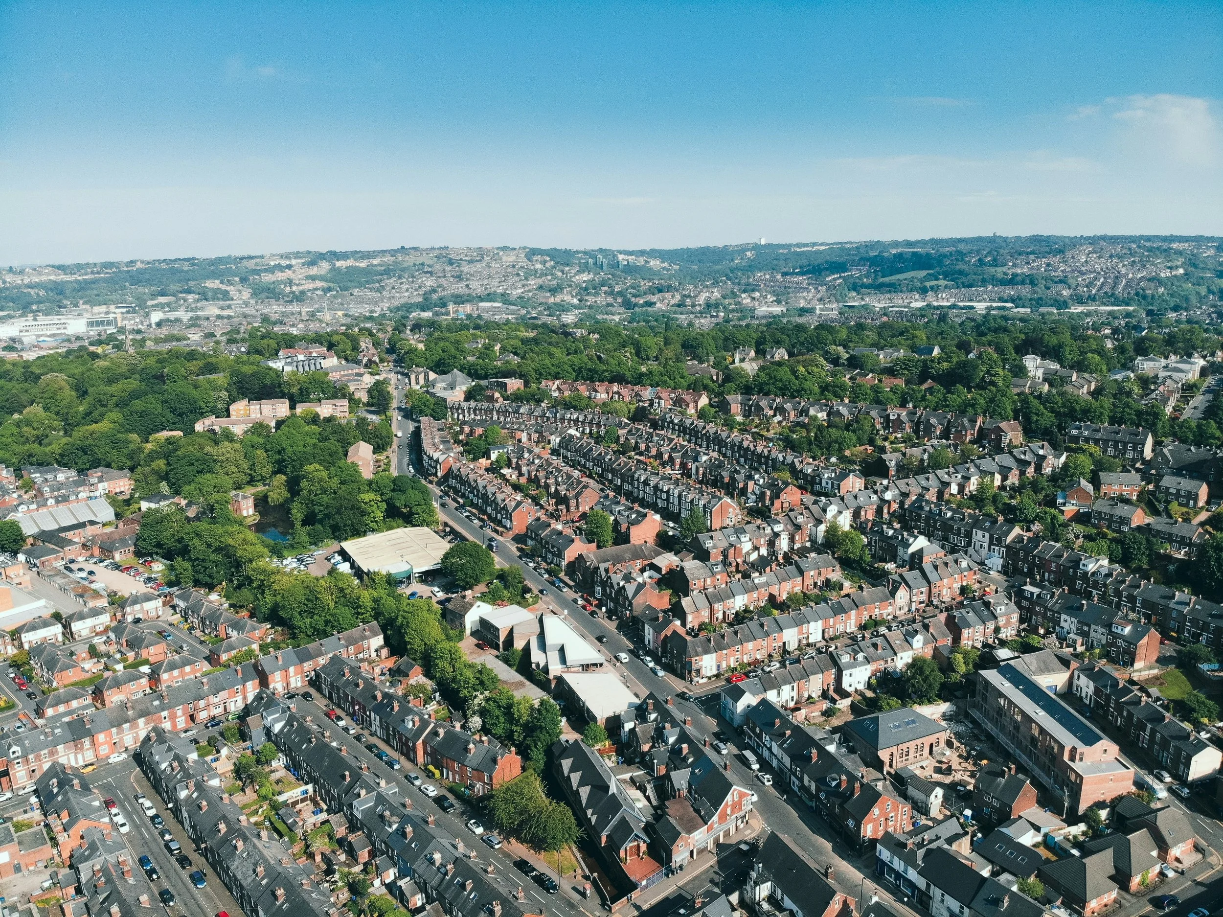 Drone shot displaying streets of houses