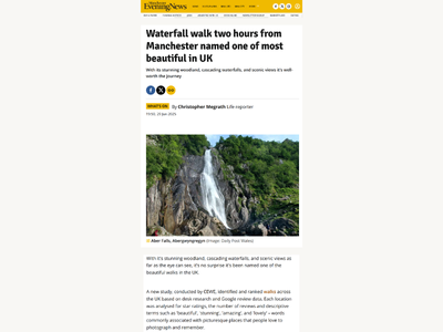 Screenshot of news article titled 'Waterfall walk two hours from Manchester named one of most beautiful in UK,' featuring an image of a waterfall amidst lush greenery.