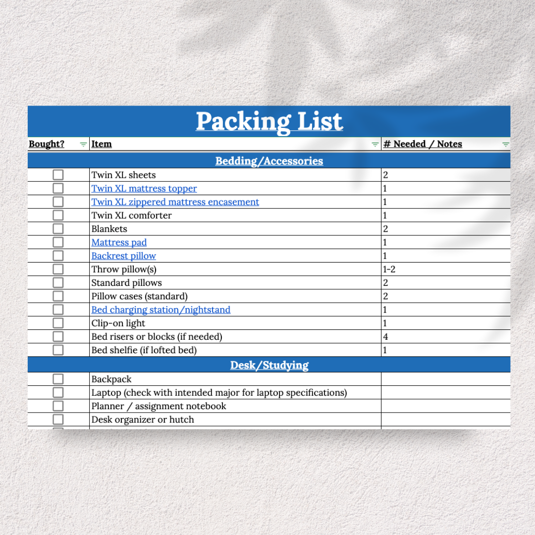 Screenshot of a detailed packing list spreadsheet used as a productivity and planning resource.