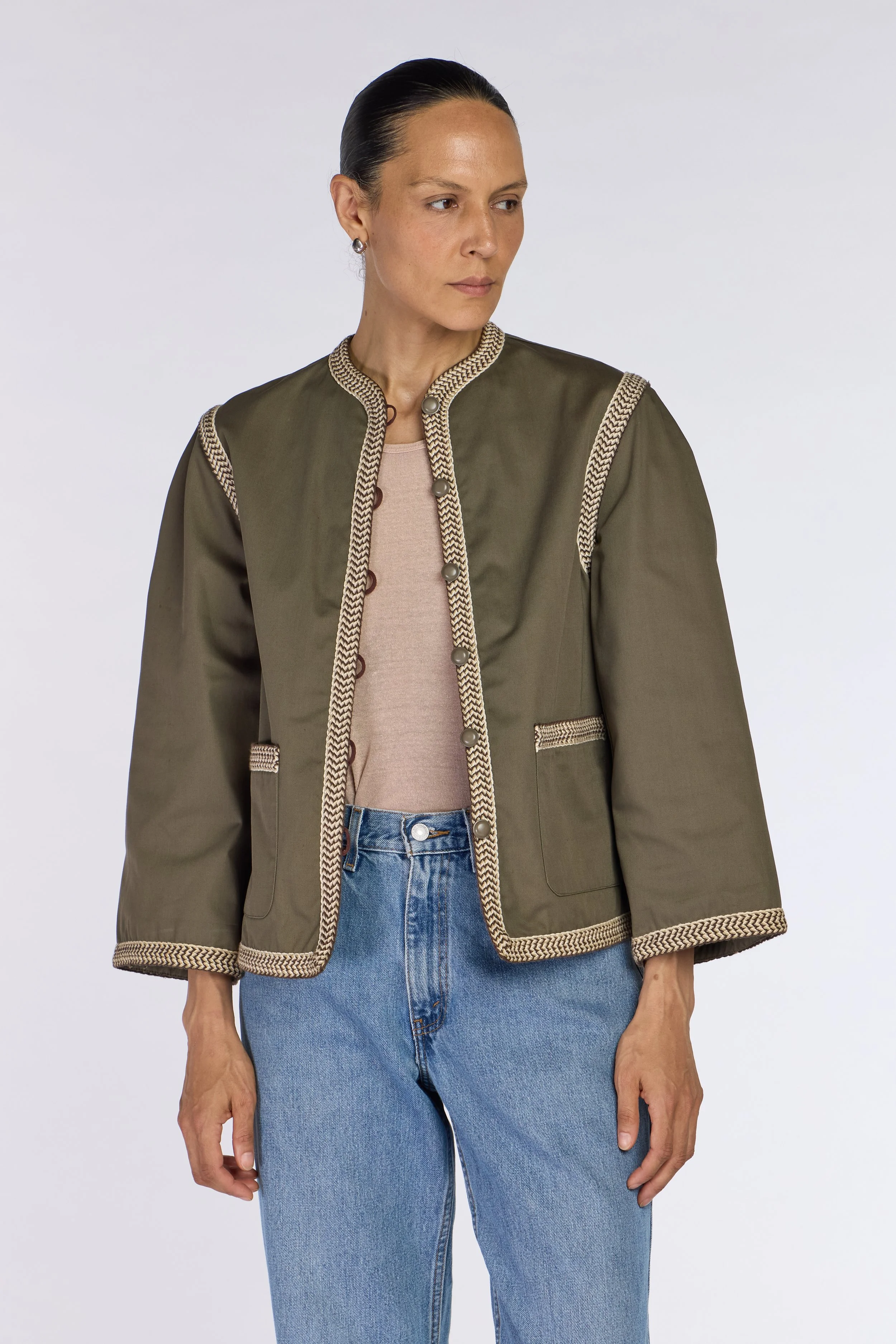 Saint Laurent Rive Gauche S/S 1977 Olive Braided Trim Jacket – vintage YSL, vintage Yves Saint Laurent, YSL Rive Gauche – Spring/Summer 1977 (SS77) – Mae Vintage London