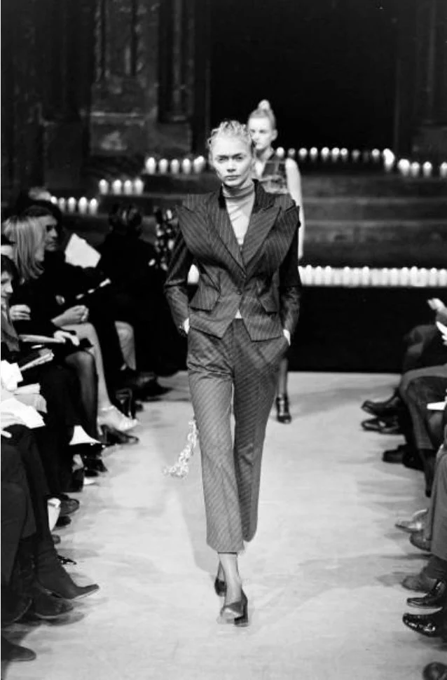 Alexander McQueen A/W 1996 “Dante” Pinstriped Double Lapel Jacket – runway and archive image – Autumn/Winter 1996 (AW96), Fall/Winter 1996 (FW96) – vintage Alexander McQueen, Lee McQueen archive