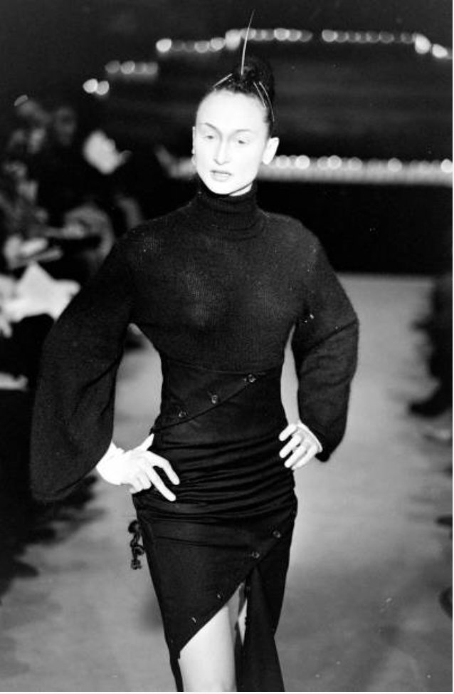 Alexander McQueen A/W 1996 “Dante” Spiral Button Skirt – runway and archive image – Autumn/Winter 1996 (AW96), Fall/Winter 1996 (FW96) – vintage Alexander McQueen, Lee McQueen archive, McQueen runway