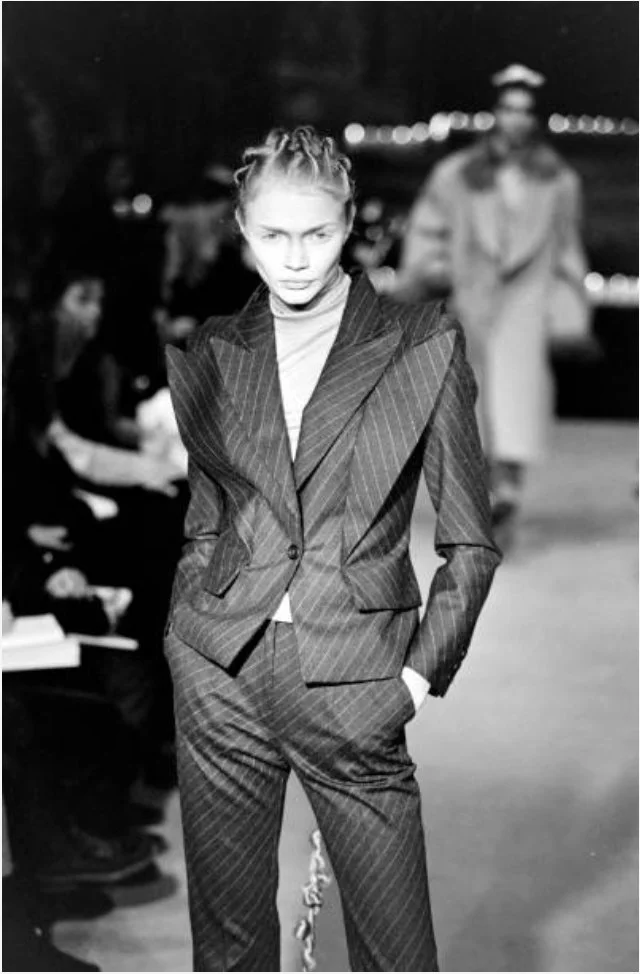 Alexander McQueen A/W 1996 “Dante” Pinstriped Double Lapel Jacket – runway and archive image – Autumn/Winter 1996 (AW96), Fall/Winter 1996 (FW96) – vintage Alexander McQueen, Lee McQueen archive