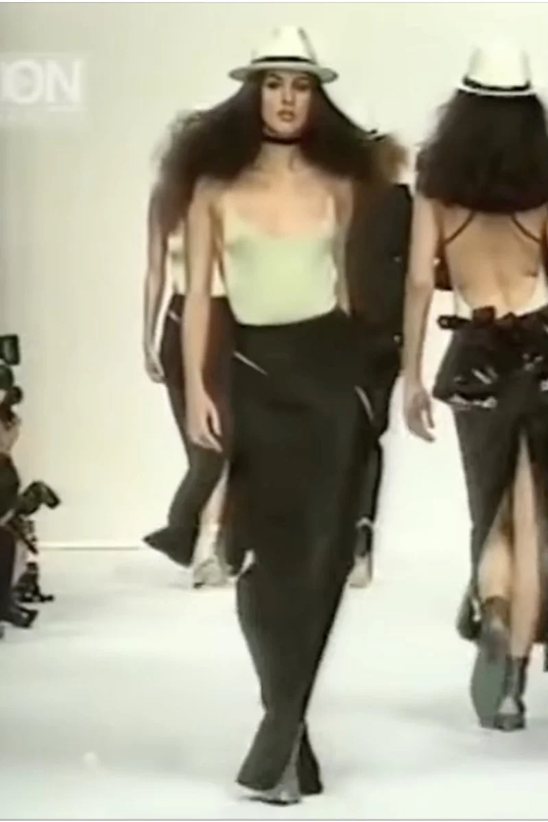 John Galliano S/S 1991 “Honcho Woman” Skirt – runway and archive image – “Honcho Woman” collection – Spring/Summer 1991 (SS91) runway – vintage John Galliano, John Galliano archive, Galliano runway