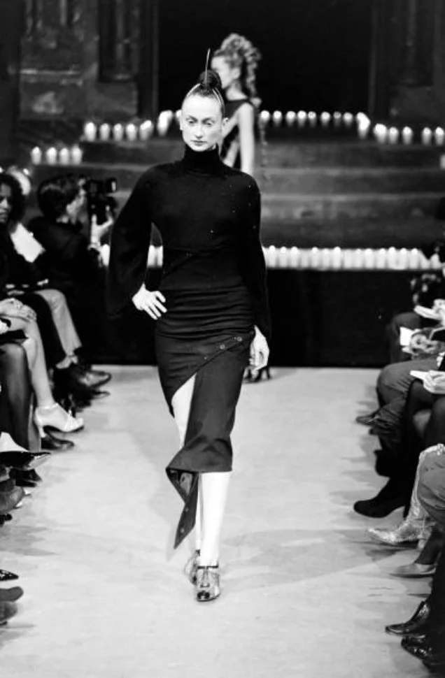 Alexander McQueen A/W 1996 “Dante” Spiral Button Skirt – runway and archive image – Autumn/Winter 1996 (AW96), Fall/Winter 1996 (FW96) – vintage Alexander McQueen, Lee McQueen archive, McQueen runway