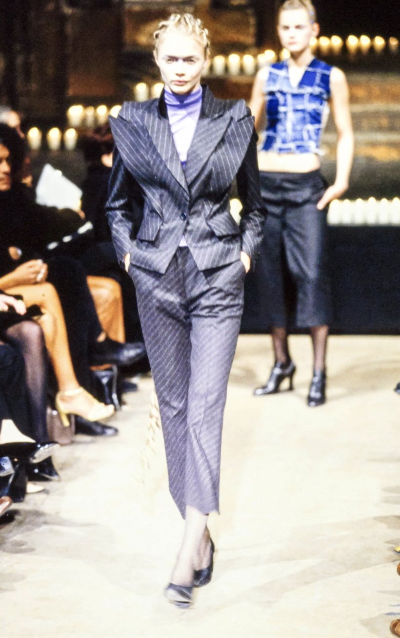 Alexander McQueen A/W 1996 “Dante” Pinstriped Double Lapel Jacket – runway and archive image – Autumn/Winter 1996 (AW96), Fall/Winter 1996 (FW96) – vintage Alexander McQueen, Lee McQueen archive