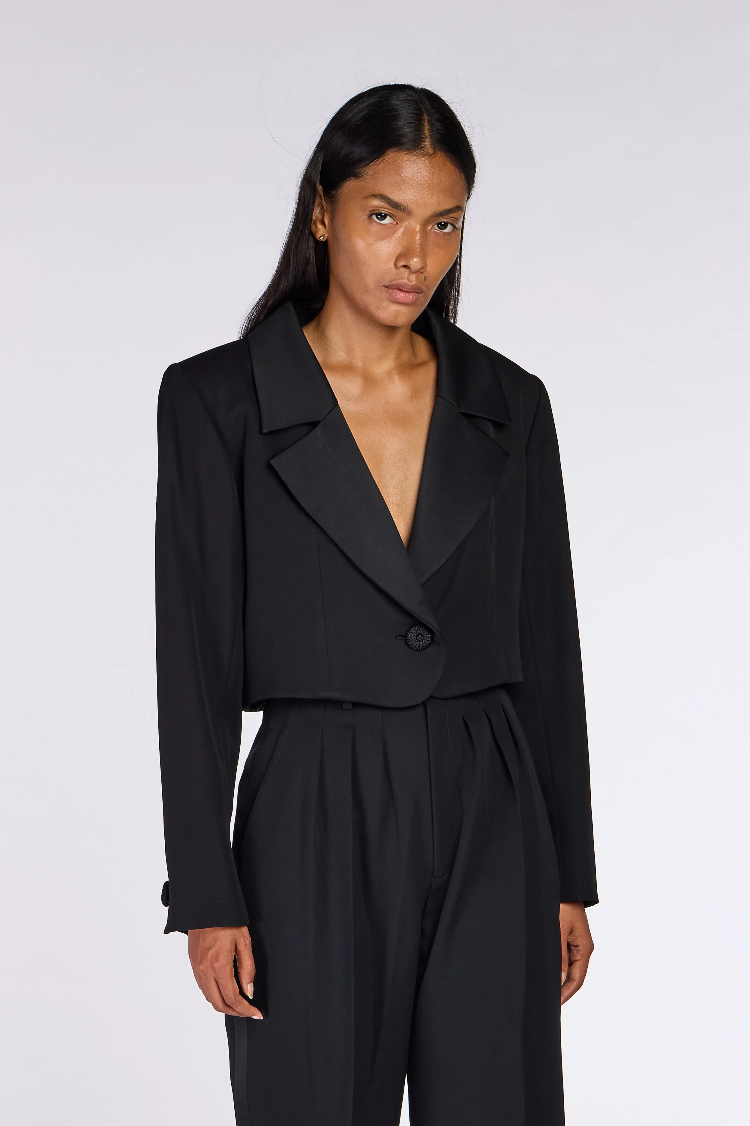 Yves Saint Laurent Rive Gauche Cropped Le Smoking Jacket – vintage YSL Le Smoking, vintage Yves Saint Laurent, YSL Rive Gauche – Mae Vintage London