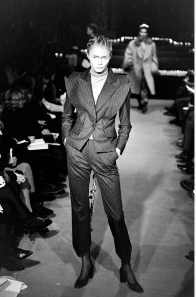 Alexander McQueen A/W 1996 “Dante” Pinstriped Double Lapel Jacket – runway and archive image – Autumn/Winter 1996 (AW96), Fall/Winter 1996 (FW96) – vintage Alexander McQueen, Lee McQueen archive