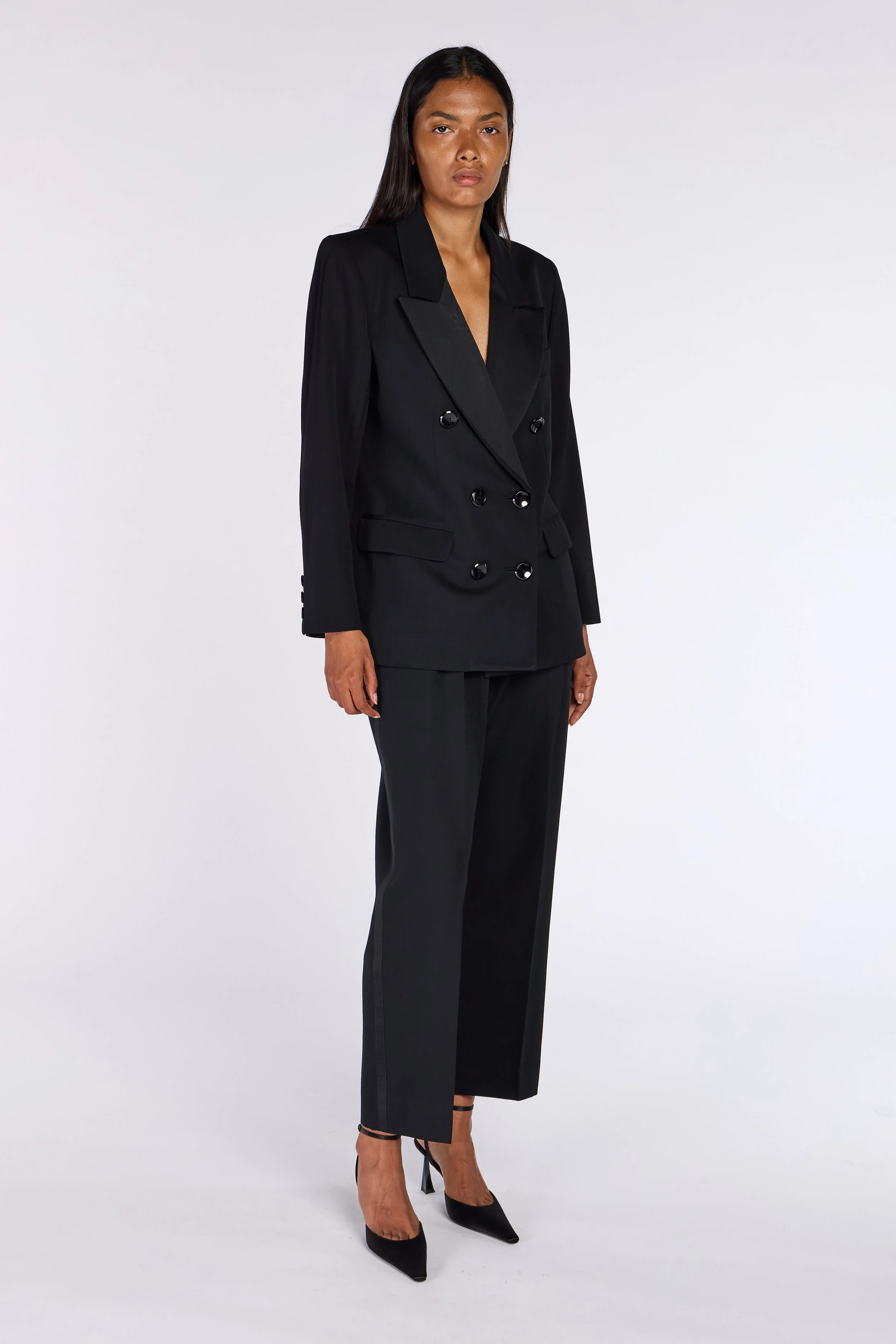 Yves Saint Laurent Rive Gauche A/W 1987 Double Breasted Le Smoking Jacket – vintage YSL Le Smoking, vintage Yves Saint Laurent, YSL Rive Gauche – Autumn/Winter 1987, Fall/Winter 1987 – Mae Vintage Lon