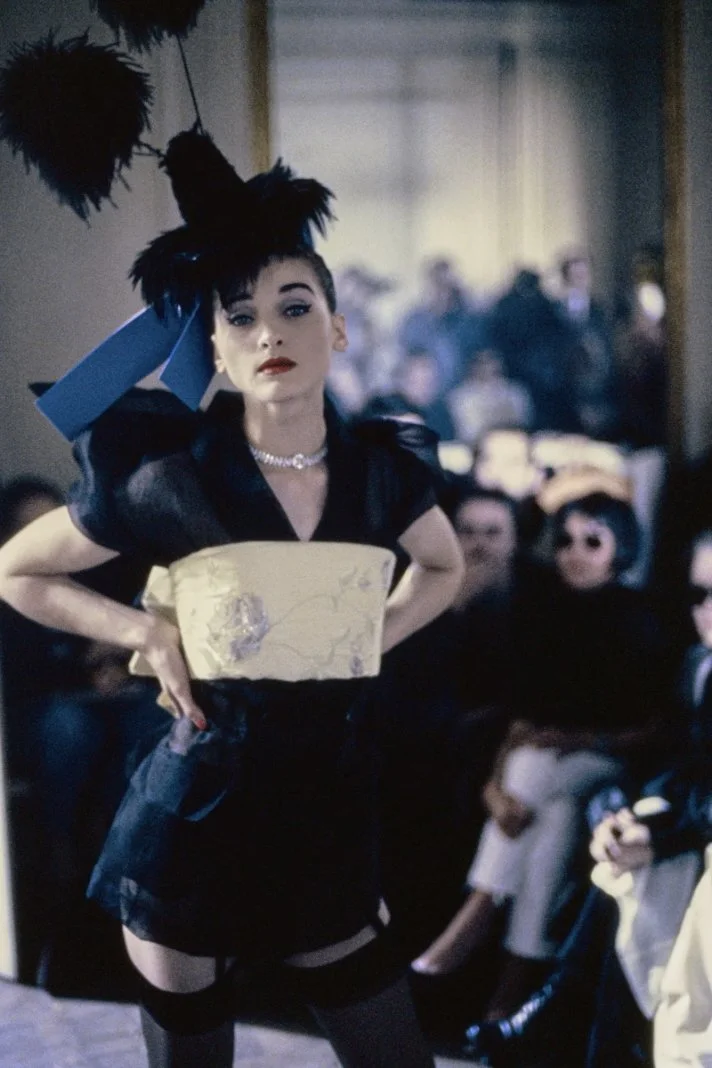 John Galliano A/W 1994 “Black” Collection Minimono Ensemble – runway and archive image – Autumn/Winter 1994 (AW94), Fall/Winter 1994 (FW94) – vintage John Galliano, John Galliano archive