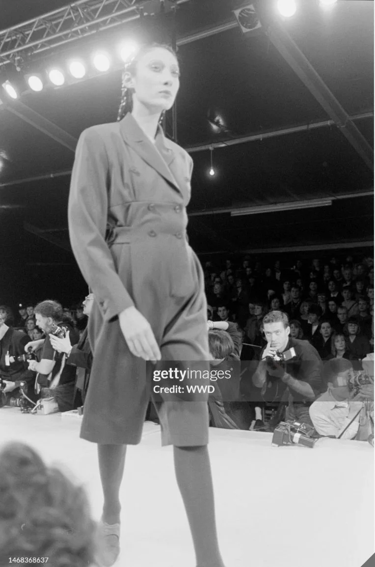 John Galliano A/W 1988 “Hairclips” Collection Green Jumpsuit – runway and archive image – Autumn/Winter 1988 (AW88), Fall/Winter 1988 (FW88) – vintage John Galliano, John Galliano archive