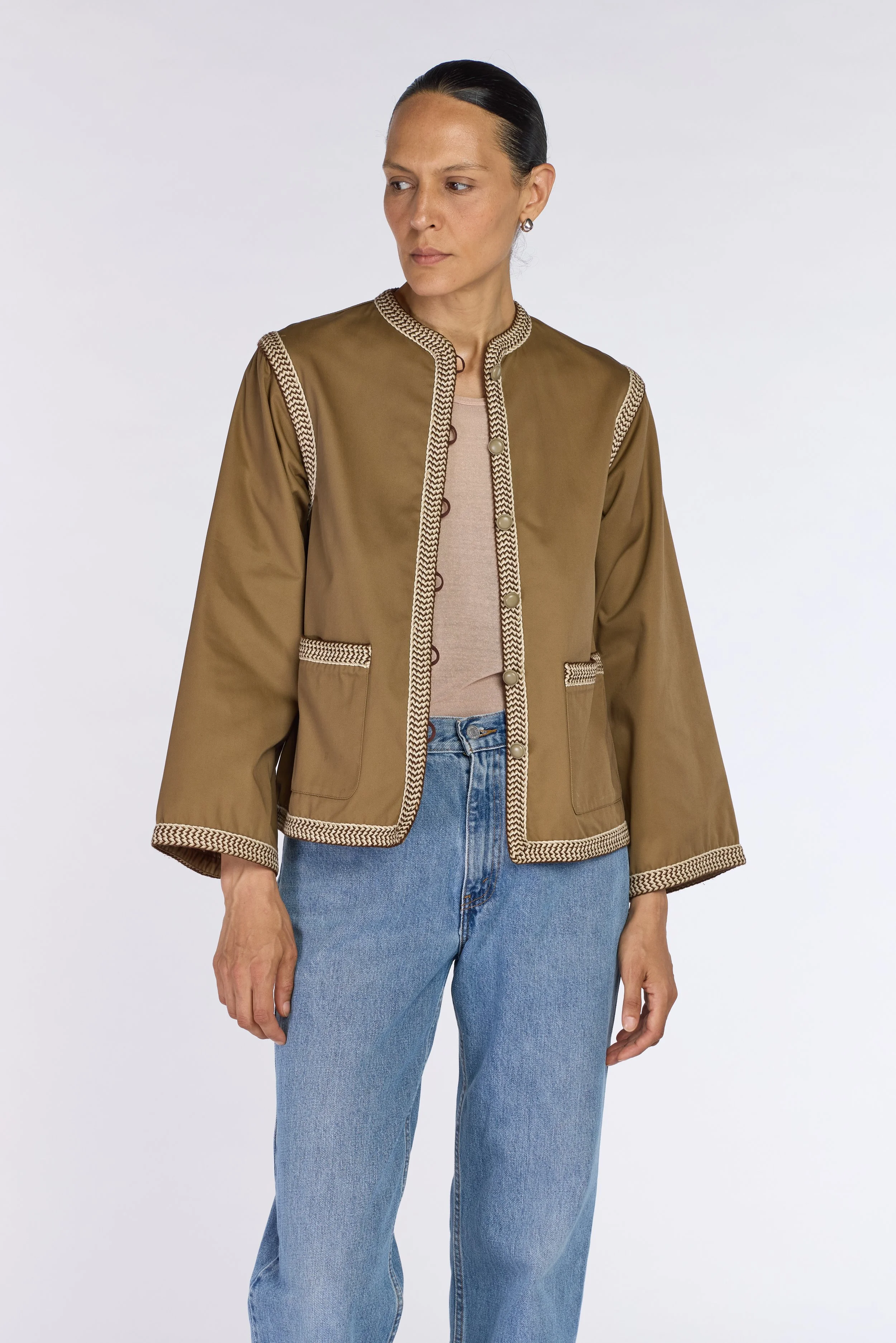 Saint Laurent Rive Gauche S/S 1977 Khaki Braided Trim Jacket – vintage YSL, vintage Yves Saint Laurent, YSL Rive Gauche – Spring/Summer 1977 (SS77) – Mae Vintage London