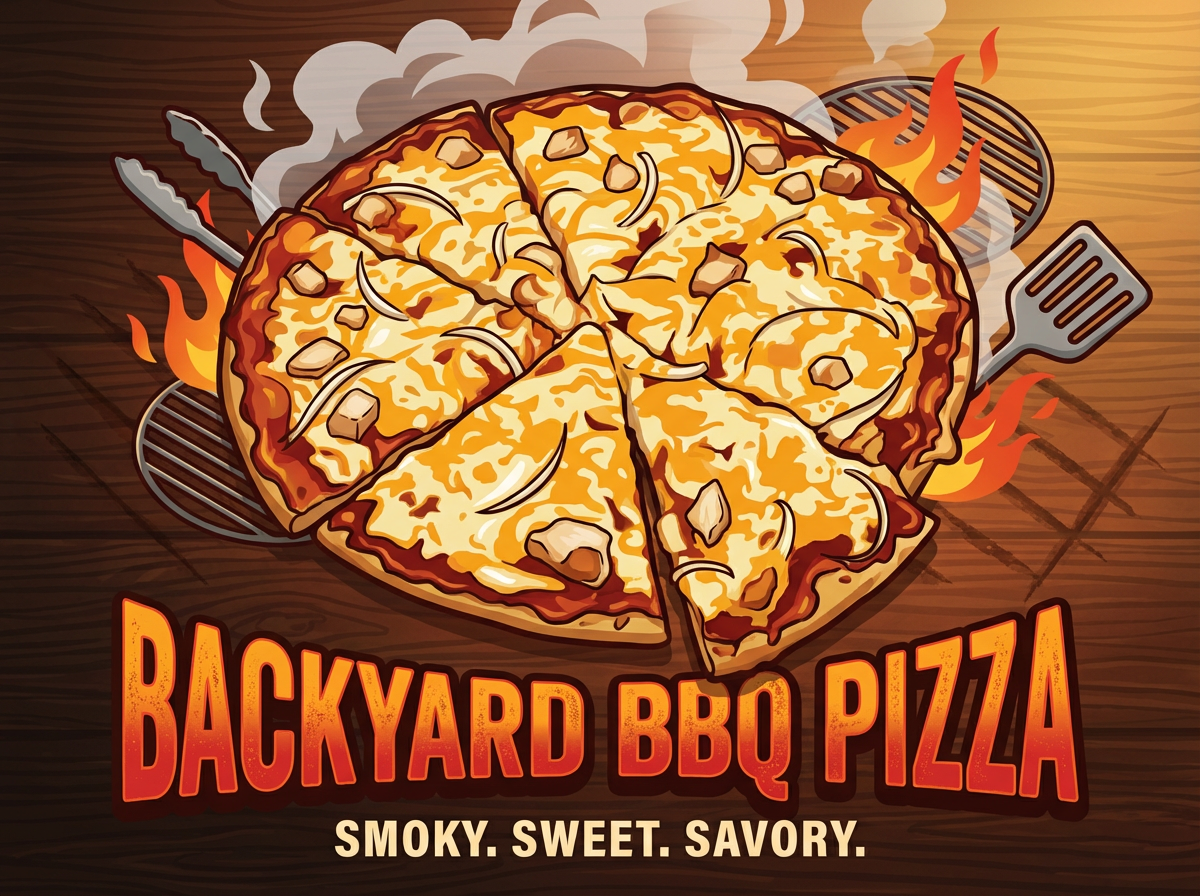 A cartoon-style illustration of a barbecue pizza topped with cheese, onions, and chunks of meat, cooking on a grill over an open flame with smoke and flames.