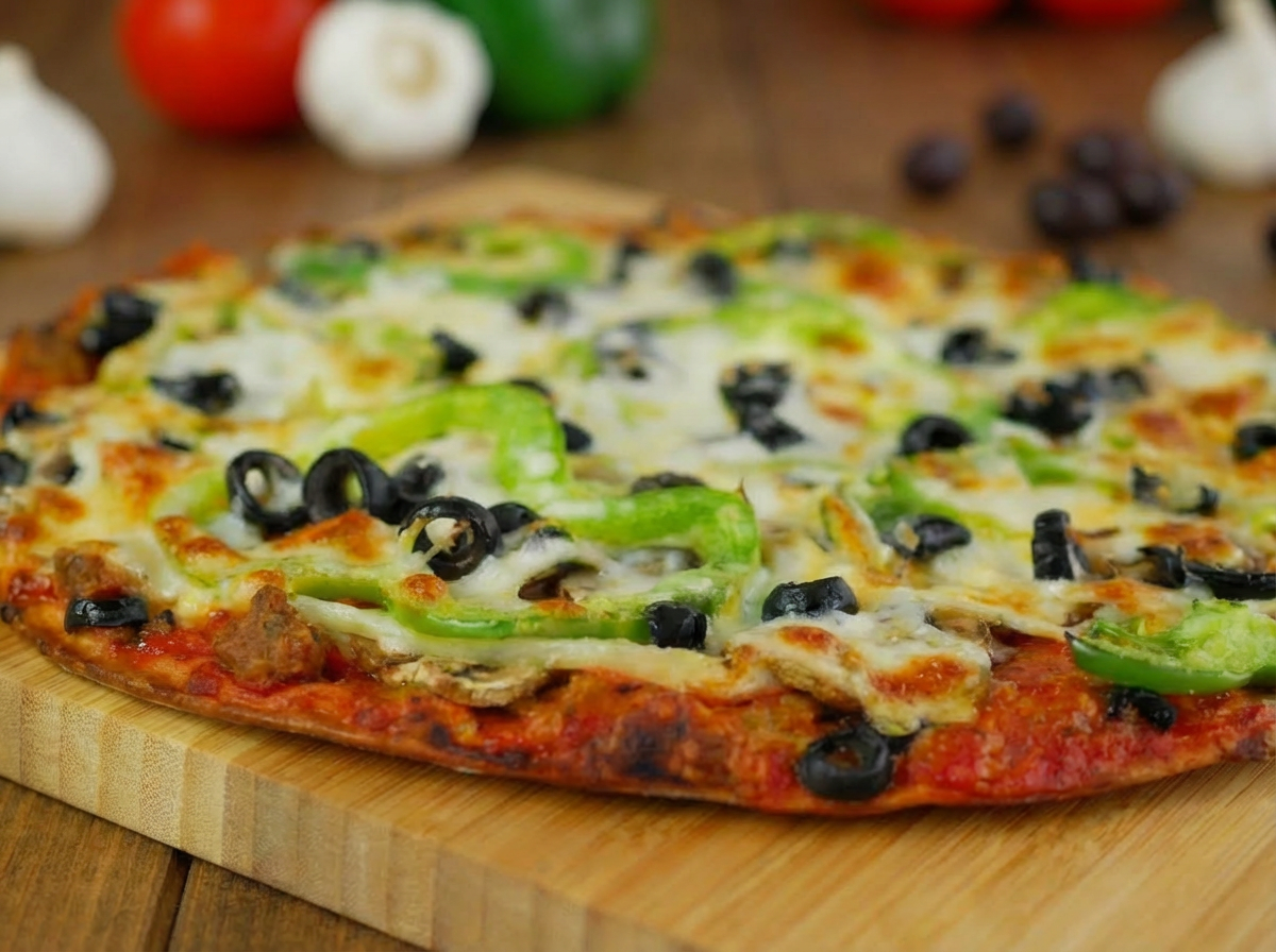 A pizza with green bell peppers, black olives, cheese, and meat toppings on a wooden pizza peel on a wooden table with vegetables in the background.