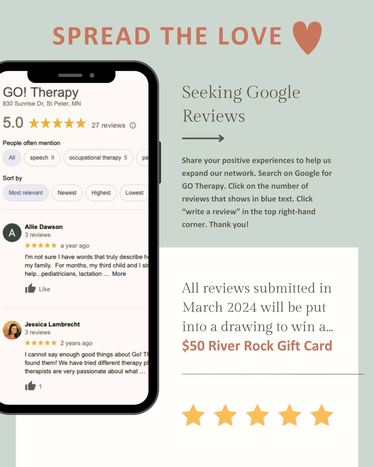Share your positive experiences to help GO Therapy grow our reach. 

Leaving a Google Review is quick and easy. Here is how: Search on Google for GO Therapy. Click on the number of reviews that shows in blue text. Click &ldquo;write a review&rdquo; i