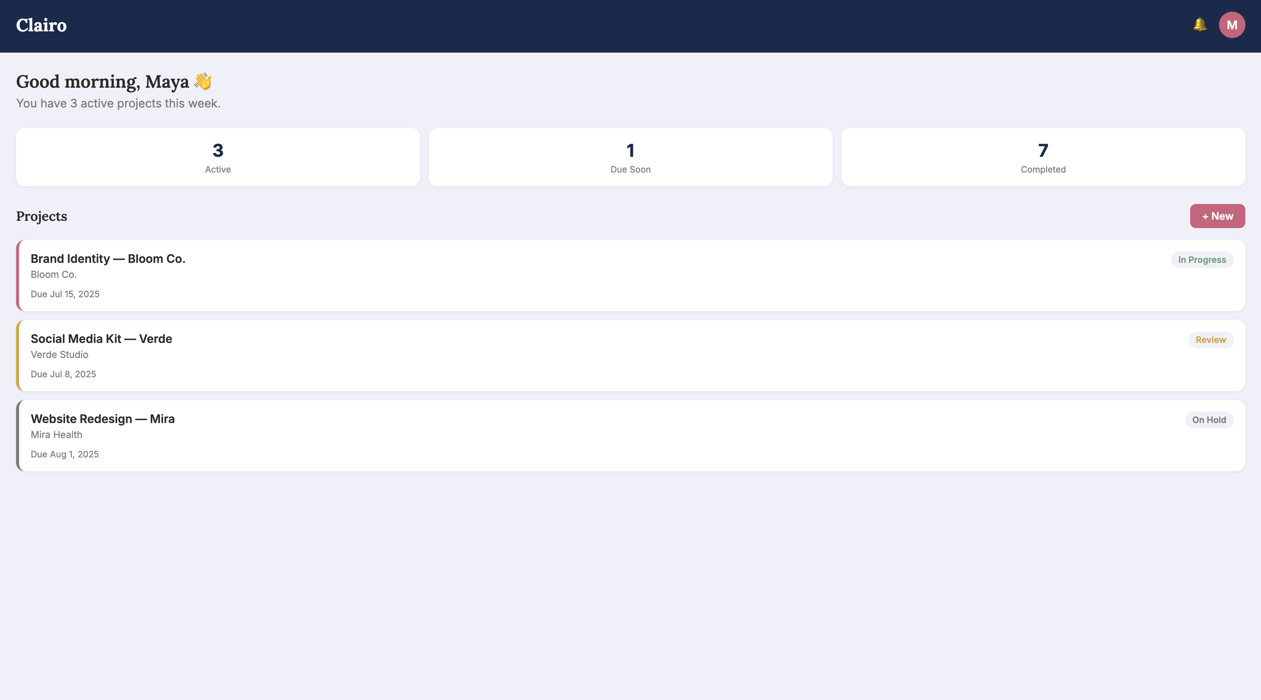 Clairo project management app dashboard screen