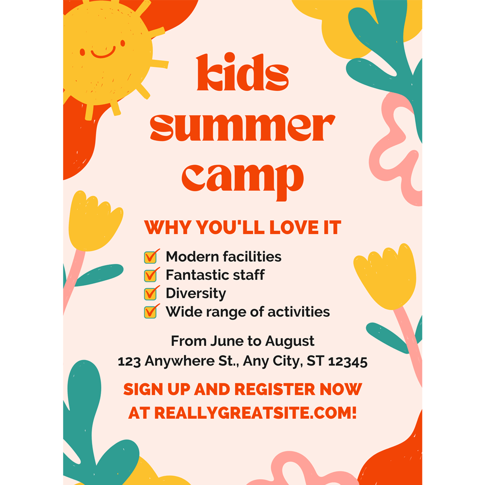  Yellow Orange Green Pink Colorful Fun Kids Summer Camp Flyer 