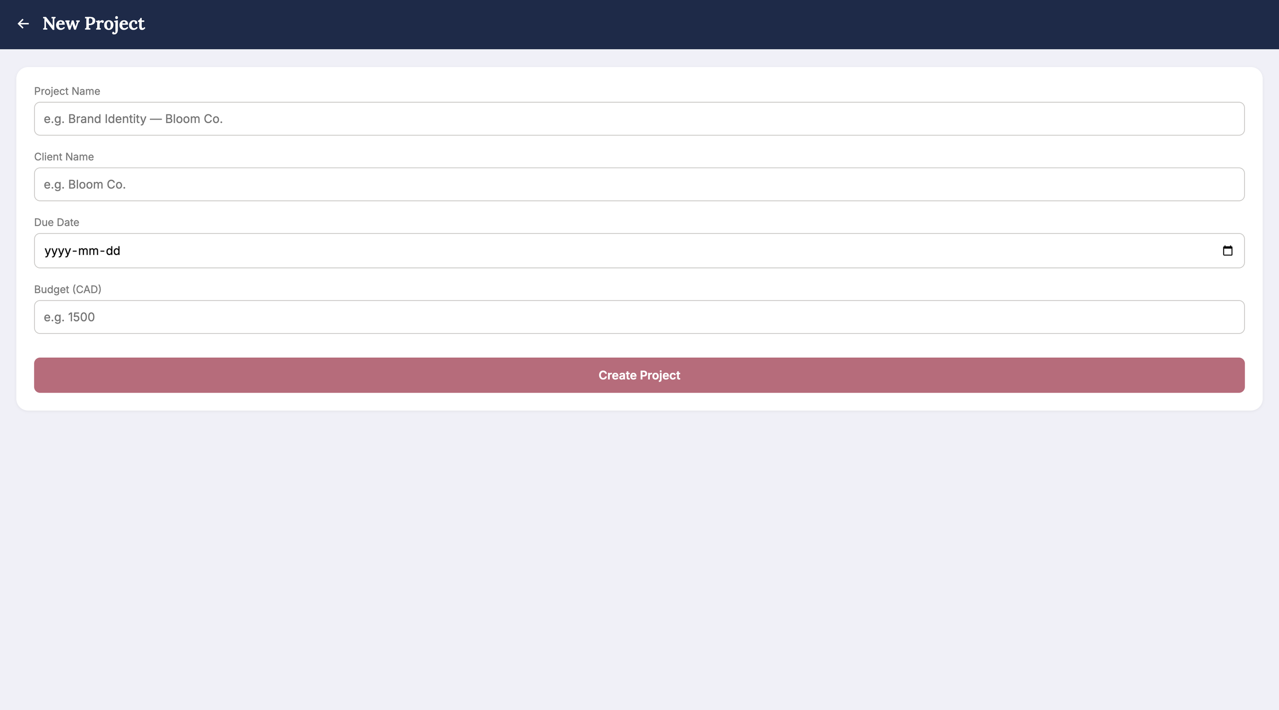 Clairo project management app new project screen