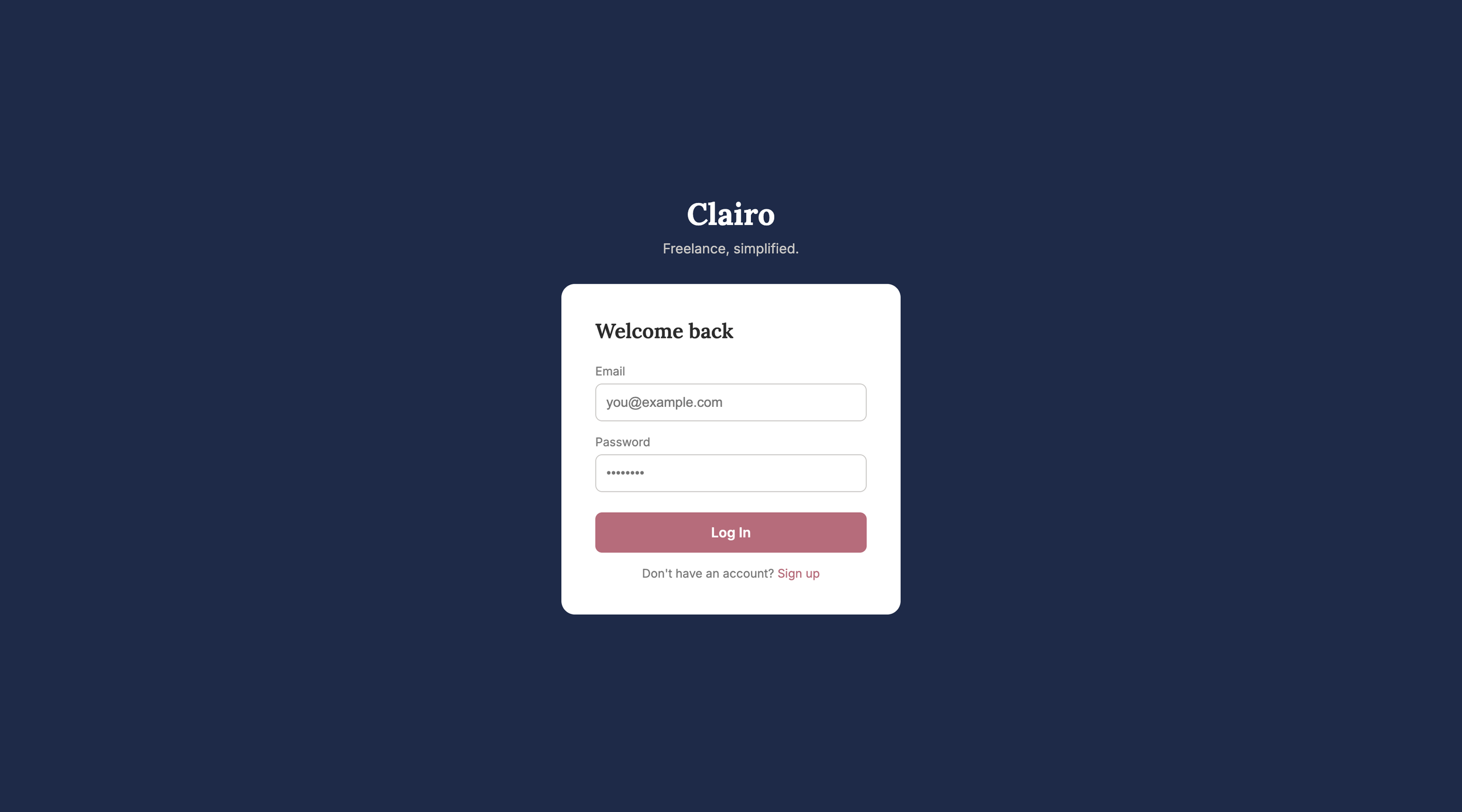 Clairo project management app login screen