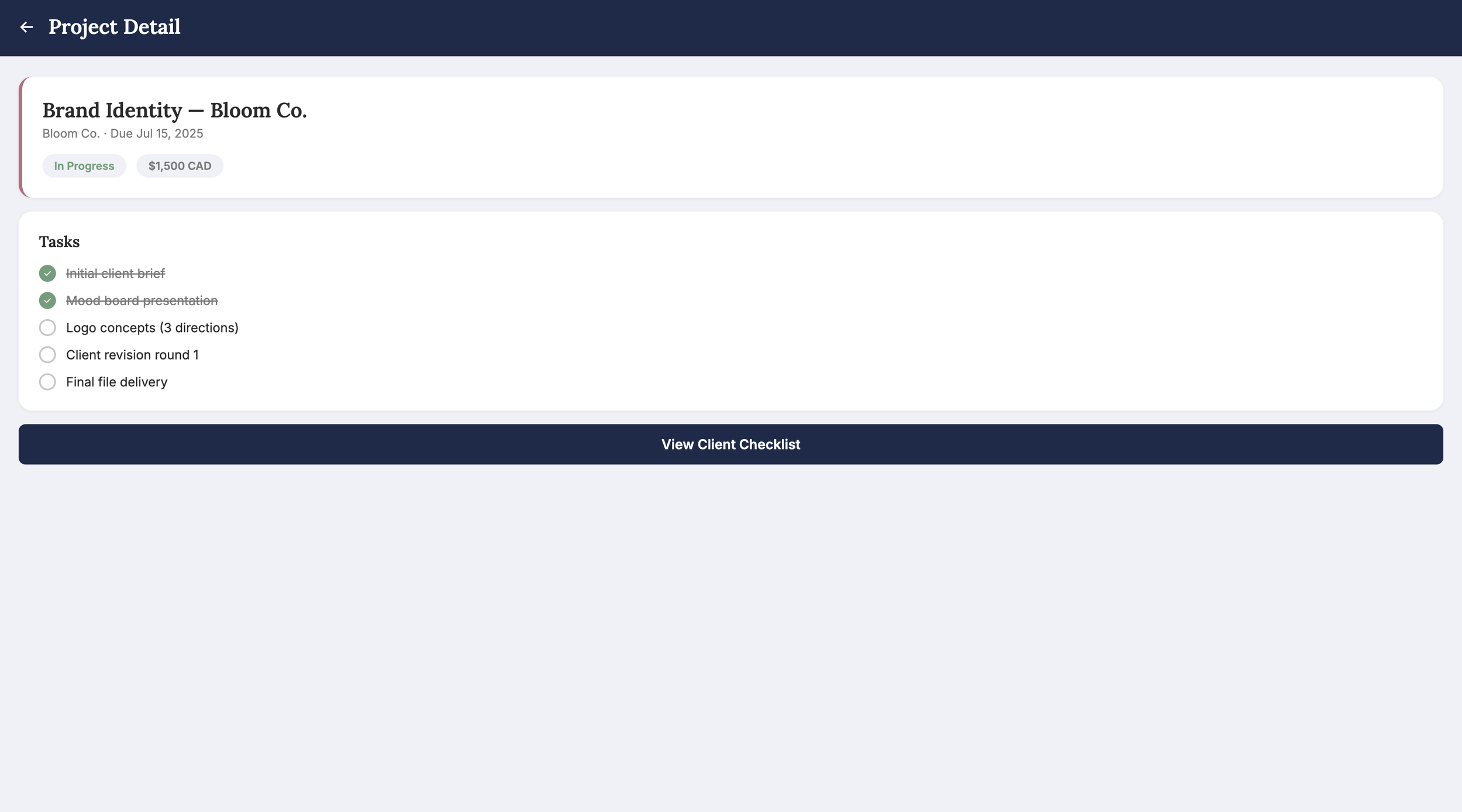 Clairo project management app project detail screen
