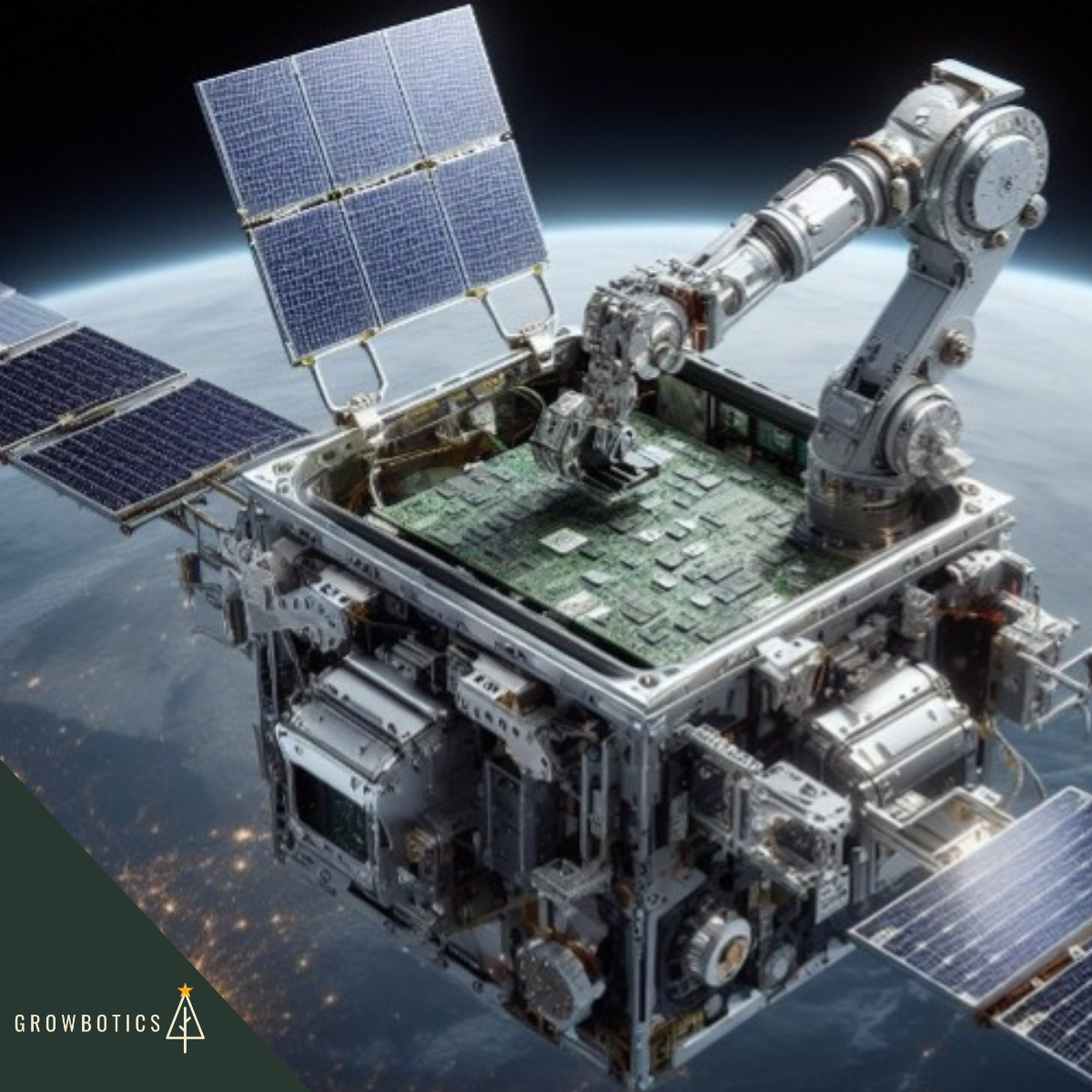 A satellite with solar panels orbiting Earth, showing mechanical arms and circuits.