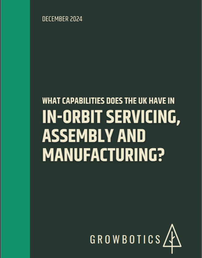 Cover page of a report titled 'What capabilities does the UK have in in-orbit servicing, assembly and manufacturing?' published by GrowBots, December 2024. The cover has a dark green background with a vertical light green stripe on the left and a logo at the bottom right corner.